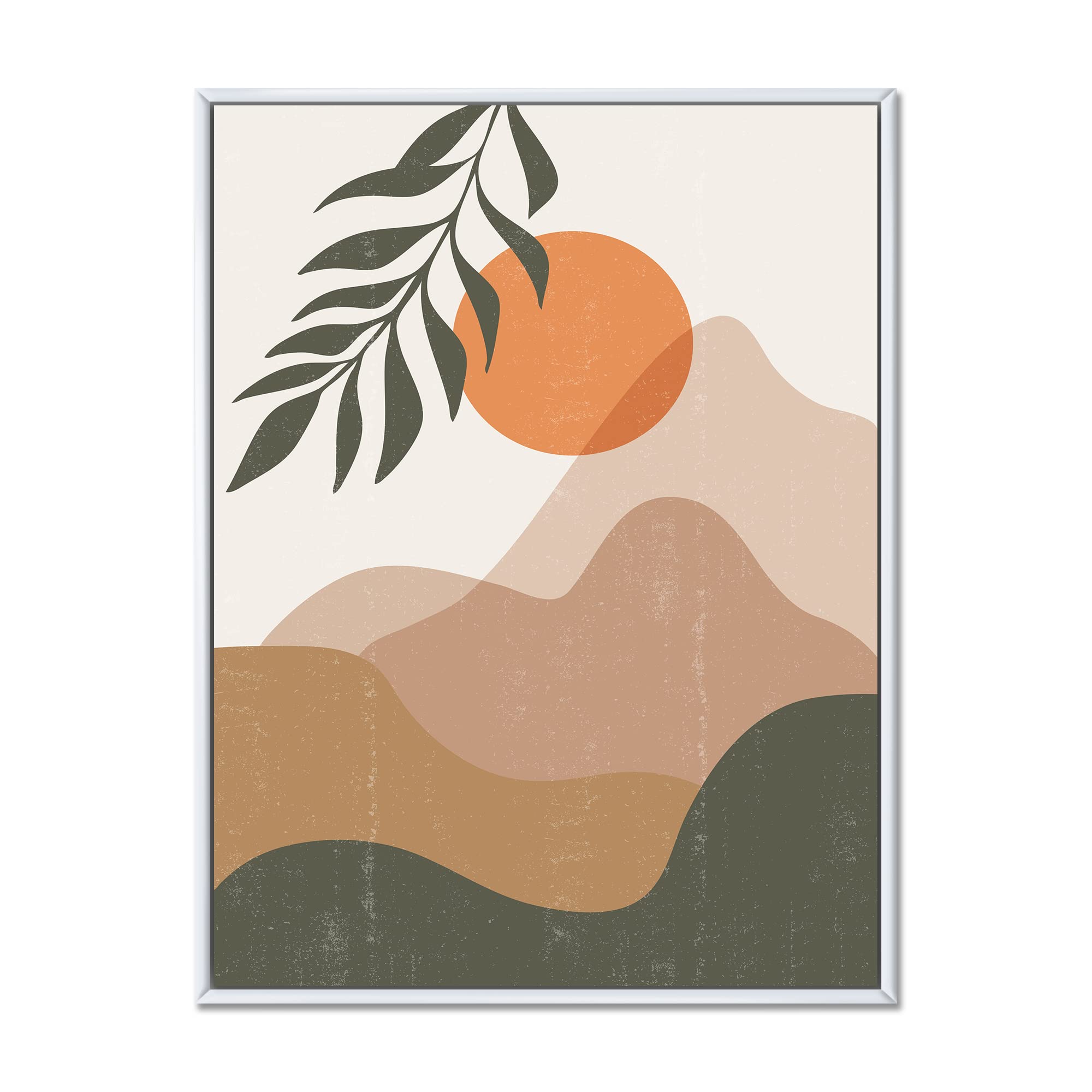 Abstract Red Moon in Earth Toned Mountains Framed Canvas Wall Art - Modern Home Decor for Living Room, Bedroom & Office