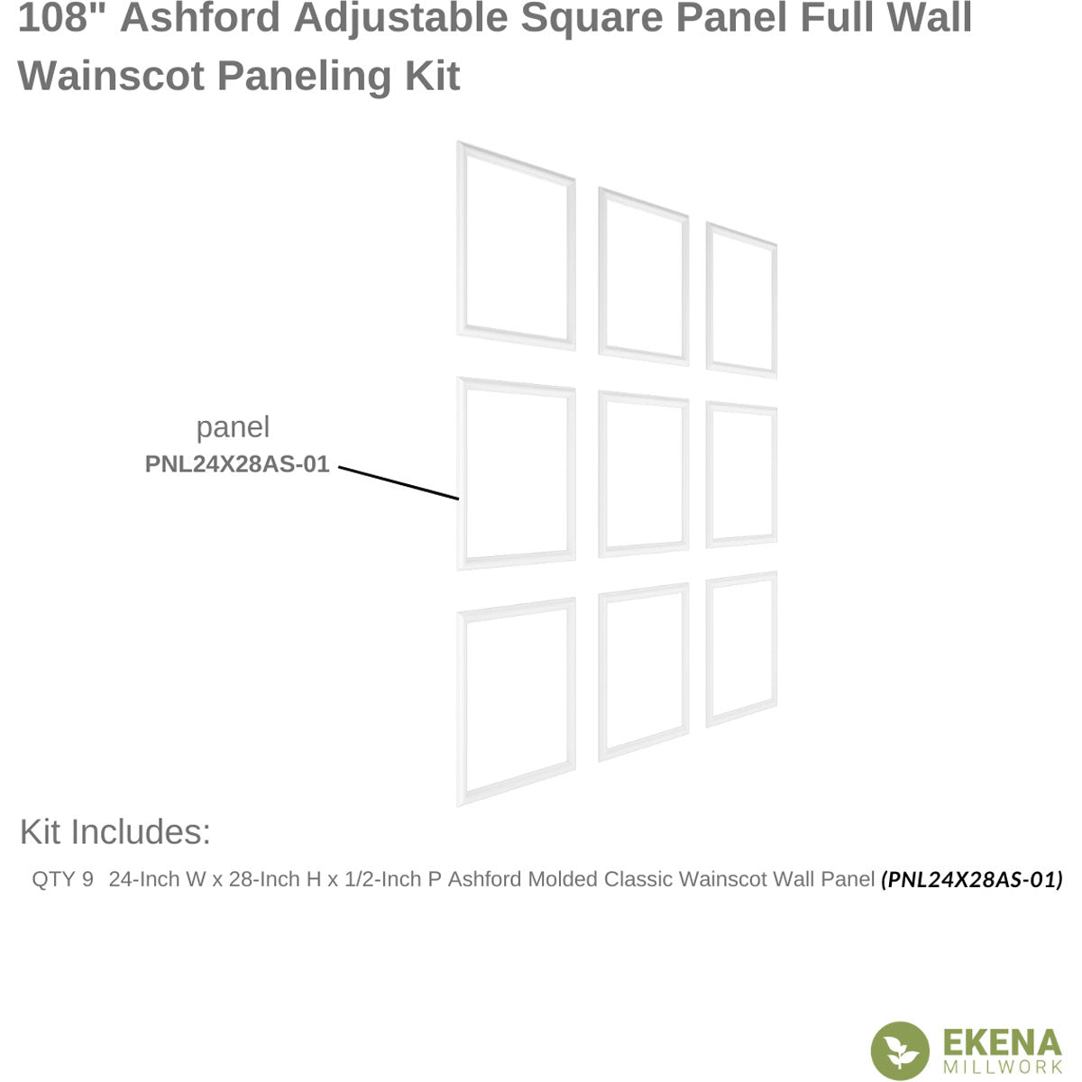 Ashford Square Panel Full Wall Wainscot Paneling Kit - Premium DIY Wall Paneling for Home & Office Decoration - Perfect for Living Room, Bedroom, Dining Room & Hallway Makeovers