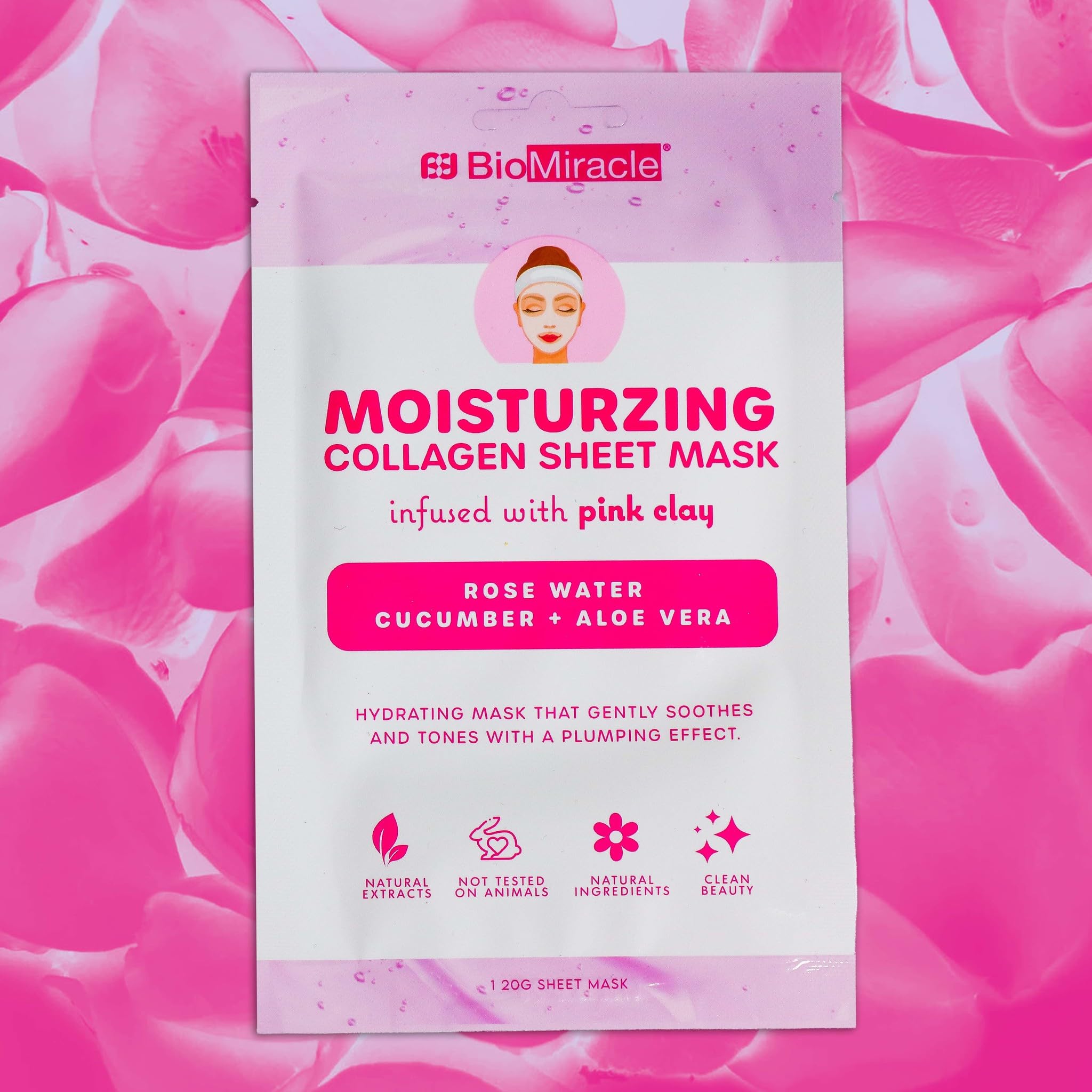 BioMiracle Moisturizing & Firming Collagen Sheet Mask - Infused with Pink Clay, Rose Water, Cucumber & Aloe Vera | Natural Extracts, Paraben-Free | Soothes & Tones Skin | 10 Sheet Pack for Spa Day & Self-Care Routine