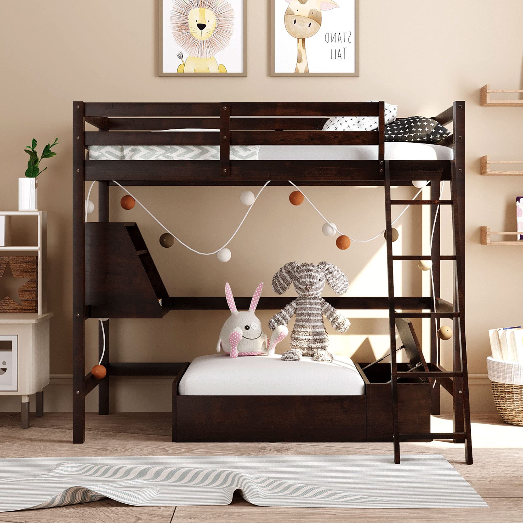 Twin Size Loft Bed with Convertible Lower Bed, Storage Drawer & Shelf - Wooden L-Shaped Bunk Bed Separates into Loft Bed or Platform Bed (Espresso Finish) - Perfect for Kids' Rooms, Small Apartments & Space-Saving Bedroom Solutions
