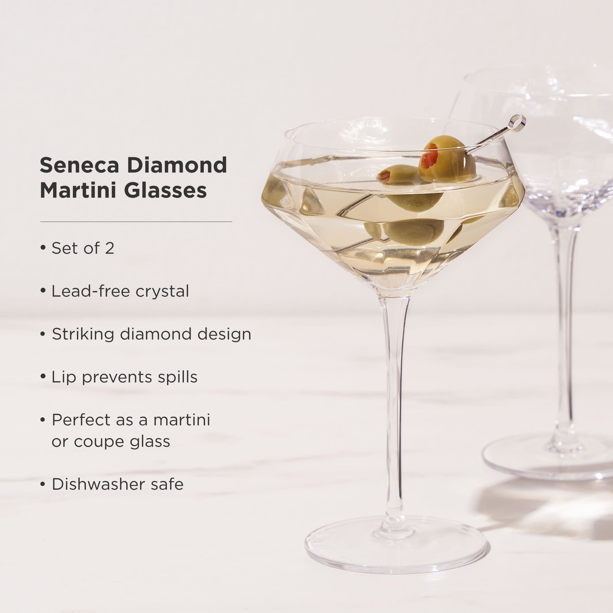Premium Seneca Diamond Crystal Martini Glasses Set of 2 - Elegant Cocktail Glasses for Martinis, Margaritas & Champagne - Perfect for Home Bars, Dinner Parties & Romantic Evenings