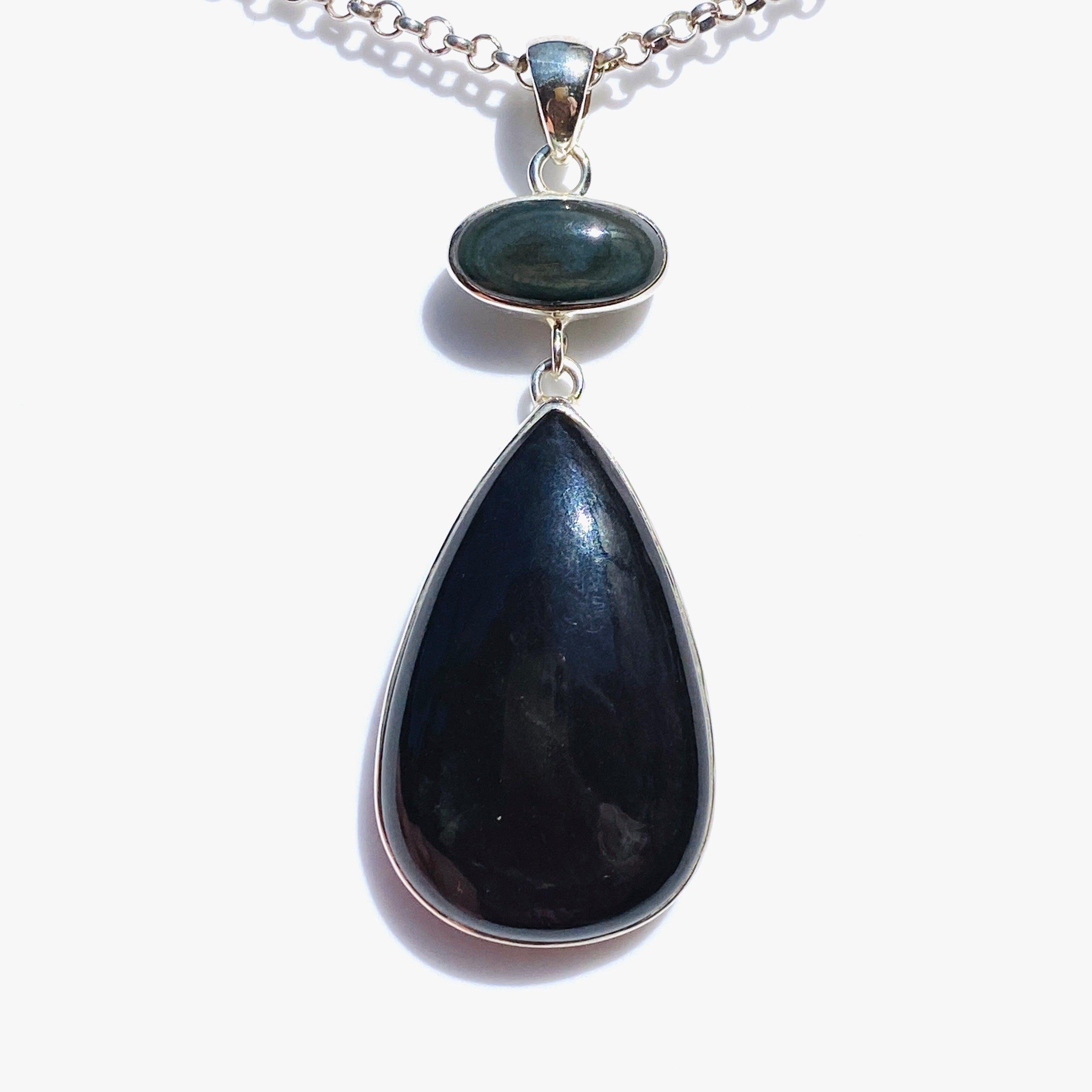 Rainbow Obsidian Double Stone Teardrop Pendant Necklace - Natural Gemstone Jewelry for Women - Perfect for Spiritual Healing, Meditation & Everyday Wear