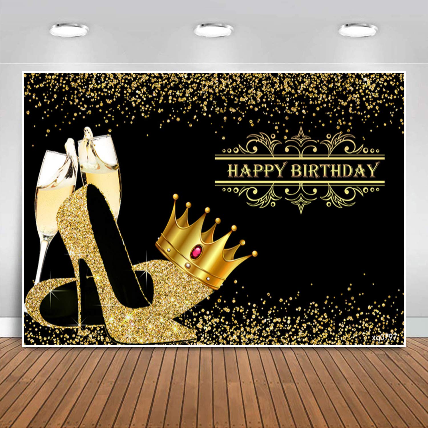 Golden Crown & Champagne High Heels Birthday Backdrop - 5x3ft Shiny Sequin Photography Background for Women's Queen Themed Party, Adult Bday Decor & Photo Booth | Perfect for Birthday Celebrations, Themed Photoshoots, and Event Decorations