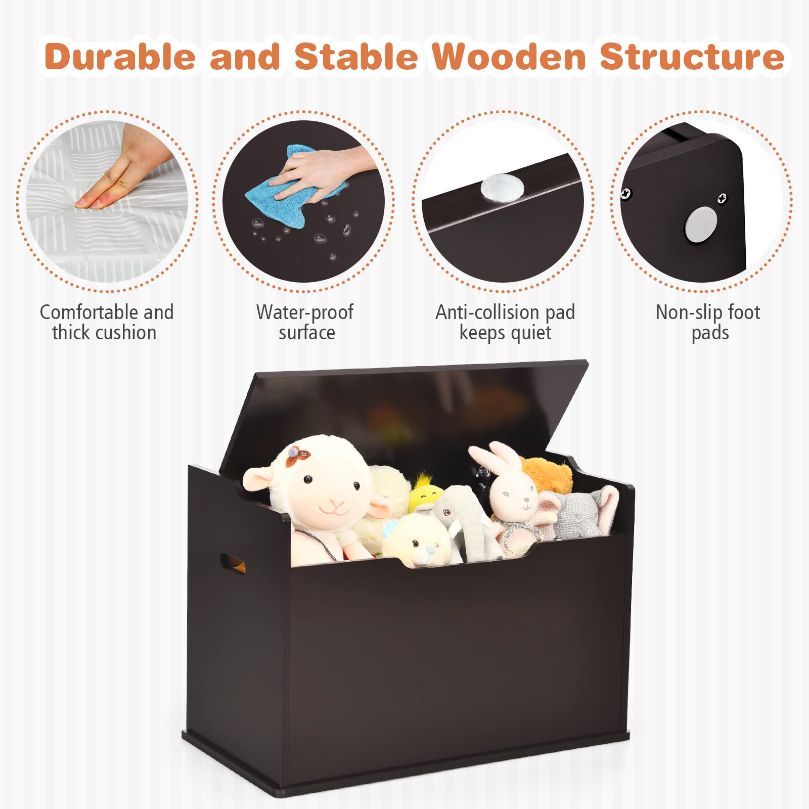 Costzon Modern Espresso Wooden Toy Chest with Bench Seat - Safe Finger-Pinch Prevention Lift-Top Storage Trunk for Kids' Bedroom, Playroom & Nursery - Multi-Functional Toy Organizer with Footrest for Entryway & Living Room