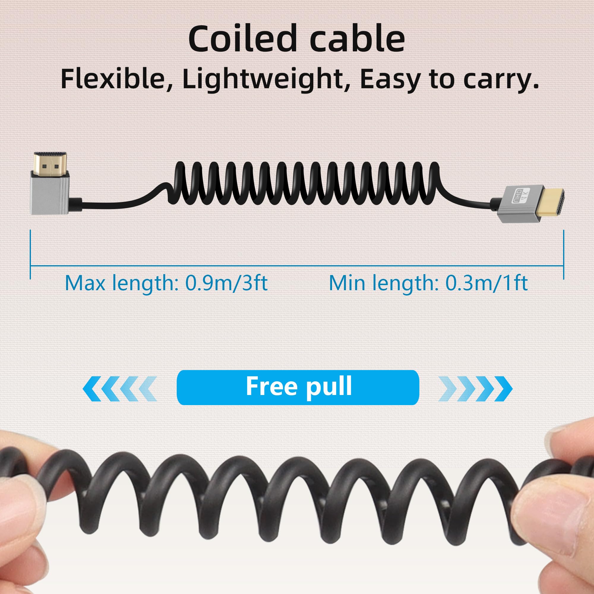 RIIEYOCA 90 Degree 4K HDMI Coiled Cable - 18Gbps High Speed HDMI 2.0 Male to Male Cable (3FT/0.9M) - Supports 4K@60Hz, HDR, 3D - Perfect for DSLR Cameras, Camcorders, Monitors, Gaming Consoles & Home Theater Systems