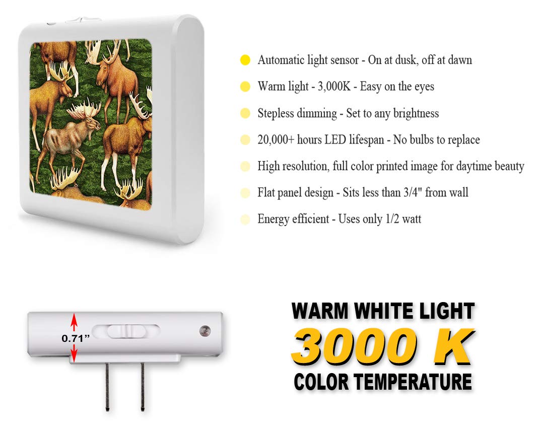 Dimmable LED Night Light with Auto On/Off Sensor, Adjustable Brightness & Warm White Light for Bathroom, Hallway, Nursery, Bedroom - Moose Design by Dan Morris - Perfect for Nighttime Safety & Comfort