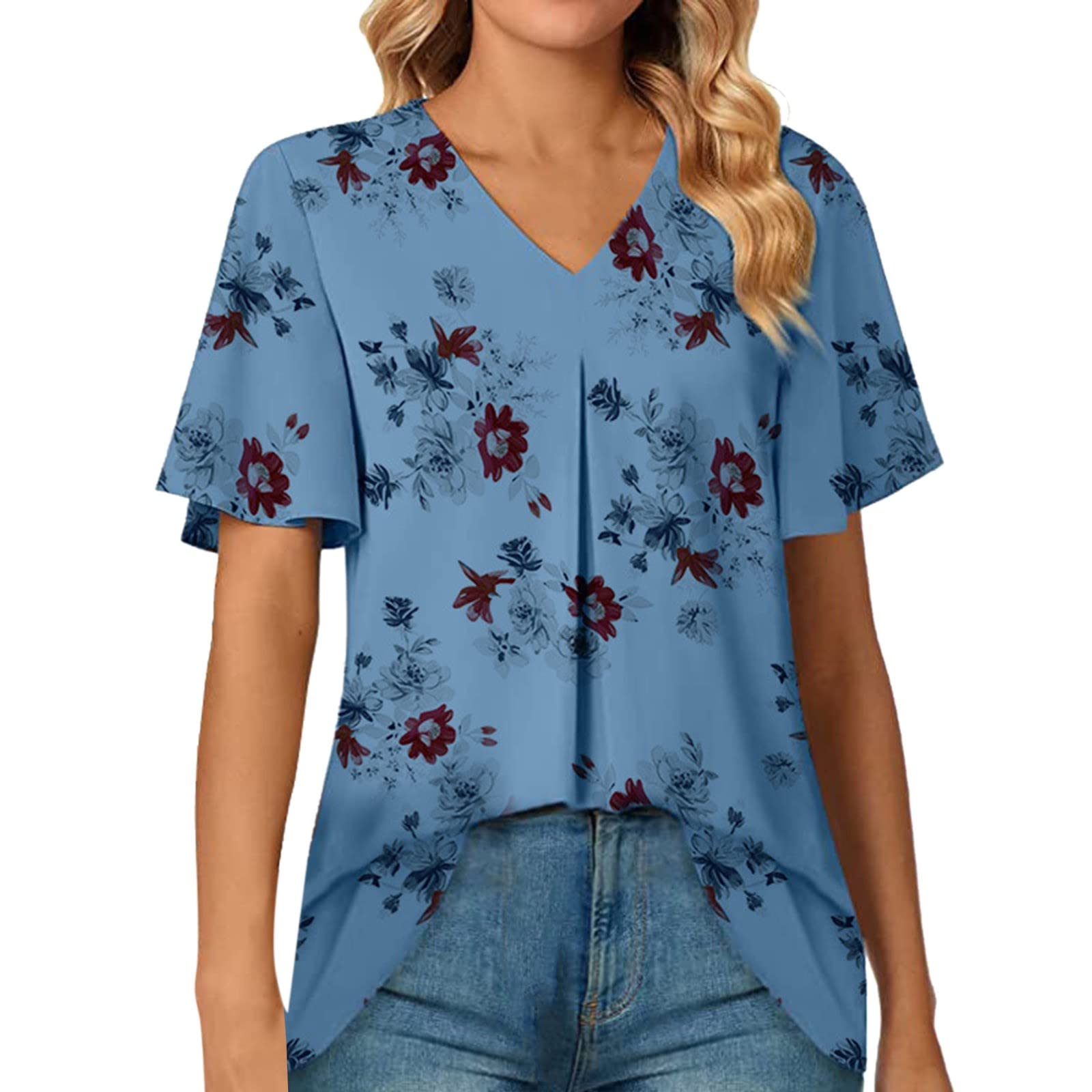 Women's 4th of July Patriotic Eyelet Blouse - 50% Off Summer Sale - Casual Loose Fit Low Neck Short Sleeve T-Shirt for Independence Day Celebrations, Yoga & Outdoor Activities