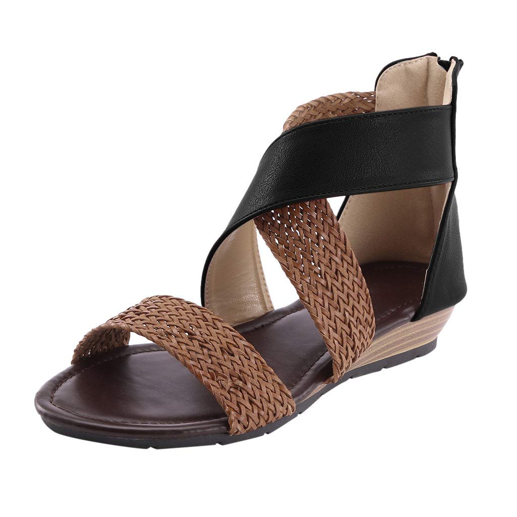 Women's Weave Wedge Beach Sandals with Heel & Zipper - Roman Style Casual Shoes - Size 11.5 (Black) - Perfect for Summer Vacations, Pool Parties & Beach Getaways