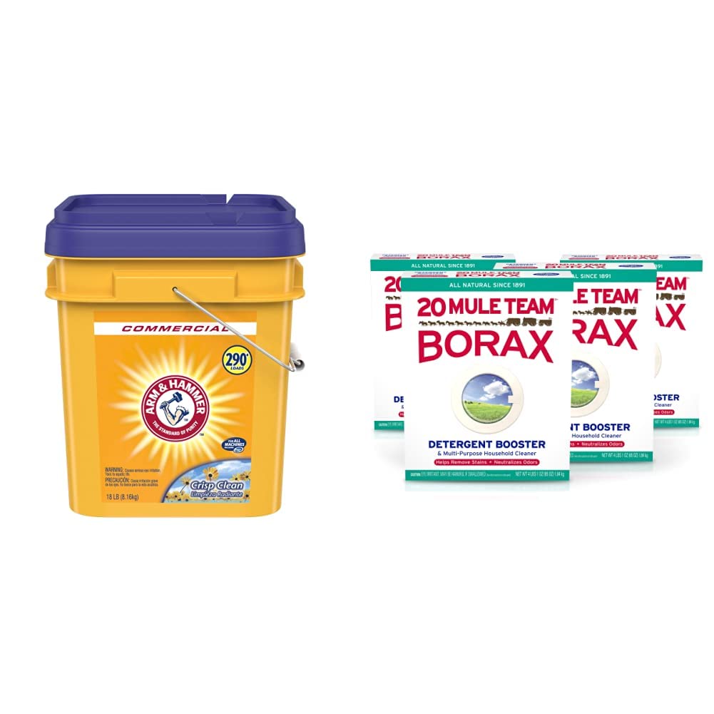 Arm & Hammer Powder Laundry Detergent 18lb + 20 Mule Team Borax Detergent Booster & Cleaner 4-Pack | Heavy Duty Stain Removal for Clothes, Towels & Bedding | Ideal for Large Families & Deep Cleaning