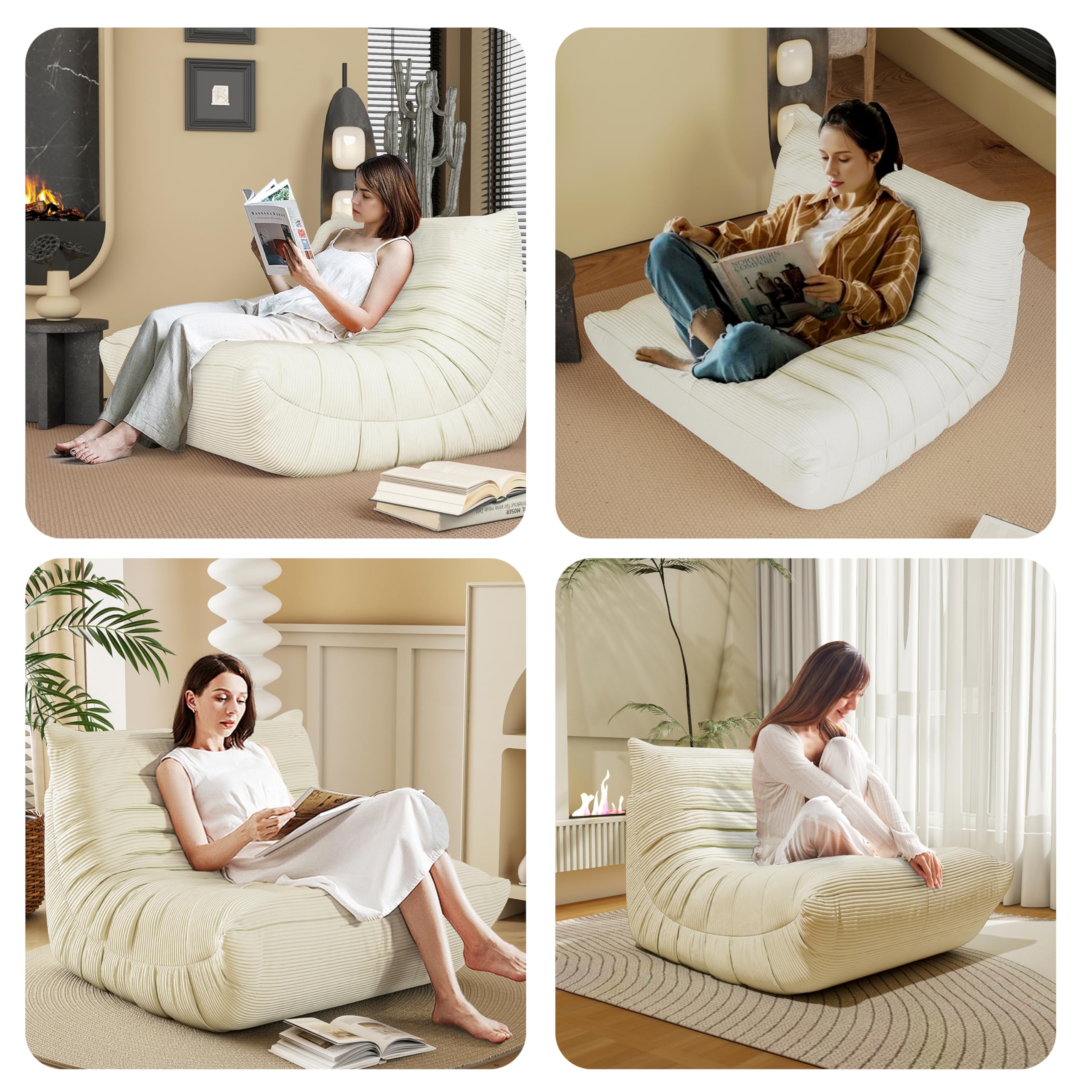 Ergonomic Memory Foam Bean Bag Chair - Lazy Floor Sofa for Adults & Kids, Fireside Lounge Chair with Comfortable Design for Living Room, Bedroom, Office - Perfect for Relaxing, Gaming & Reading (Beige)