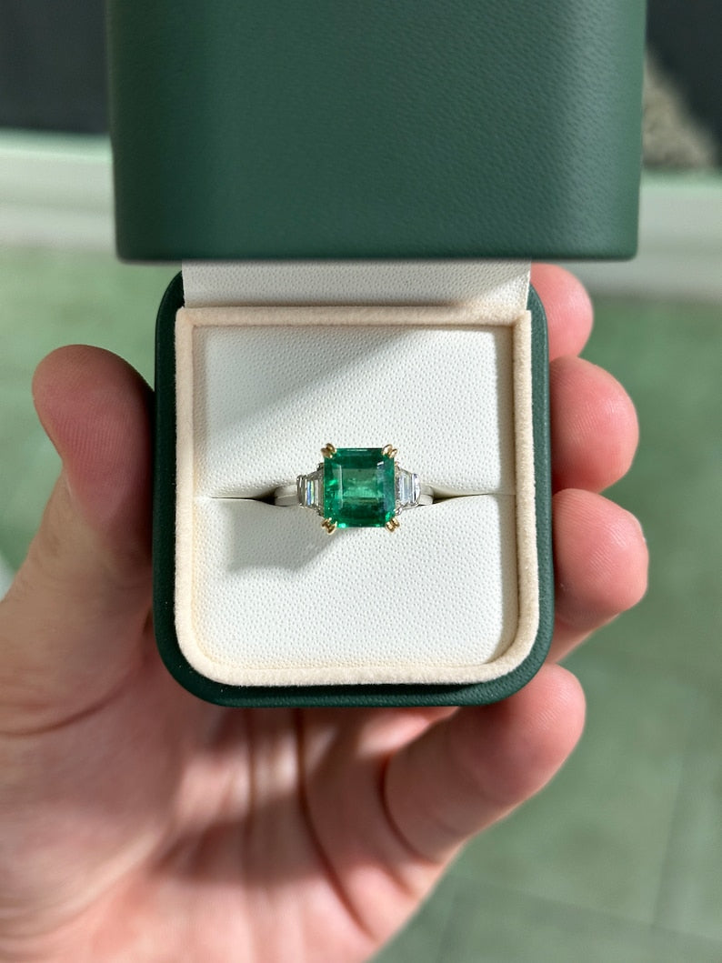 4.85 Carat Total Weight (TCW) 18K Platinum Asscher Cut Emerald & Trapezoid Diamond Statement Ring for Women | Luxury Engagement, Anniversary Gift | Elegant Evening Wear & Special Occasion Jewelry