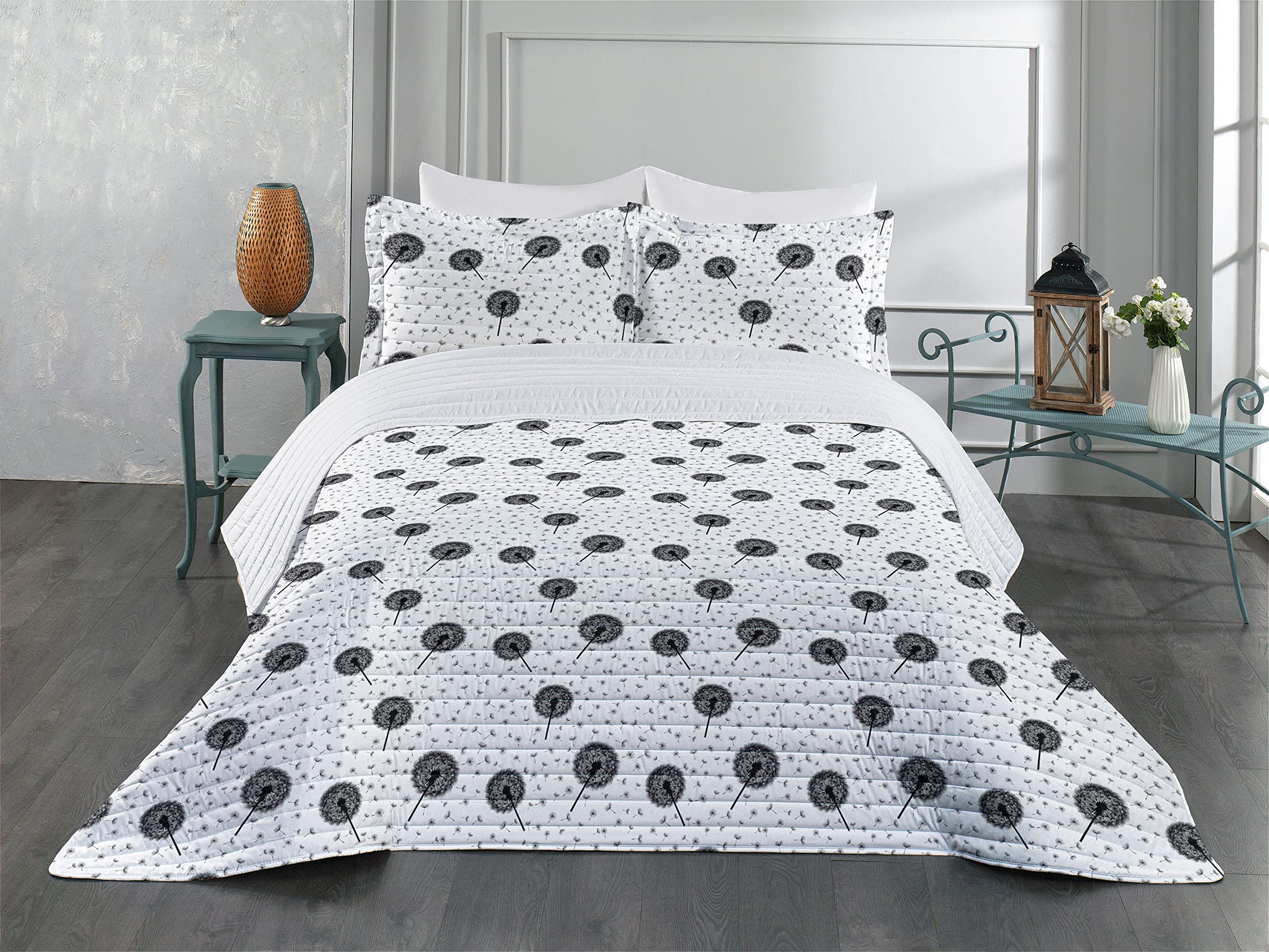 Ambesonne King Size Black and White Dandelion Microfiber Bedspread Set - Abstract Floral Pattern, Soft Bedding with Pillow Shams & Comforter | Modern Monochrome Design for Spring Summer Decor | Perfect for Master Bedroom, Guest Room or Dorm