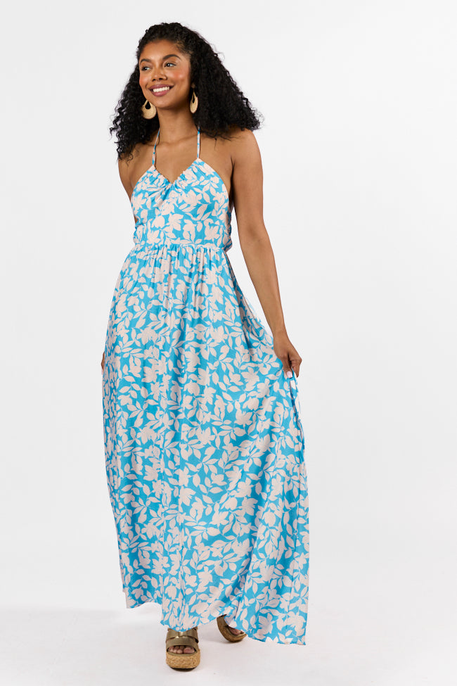 Golden Days Blue Halter Neck Printed Maxi Dress - Floral Summer Beach Dress for Women | Perfect for Vacation, Pool Party & Boho Outfit