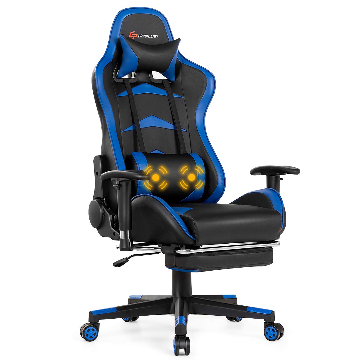 Powerstone Ergonomic Gaming Chair with Footrest & Lumbar Massage - Adjustable Racing Office Chair with Headrest & Lumbar Support - Black & Blue - Perfect for PC Gaming, Streaming & Home Office Work