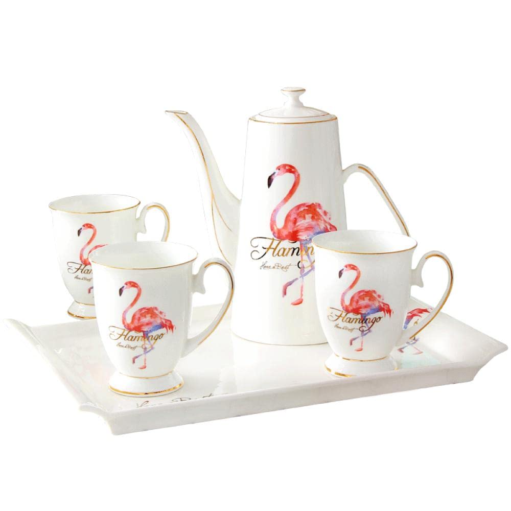Flamingo Tea Set - Heat-Resistant Porcelain Cups & Pot with Tray - European Style 4-Piece Tea Set for Home & Living Room - Perfect for Afternoon Tea, Gifts & Elegant Decor