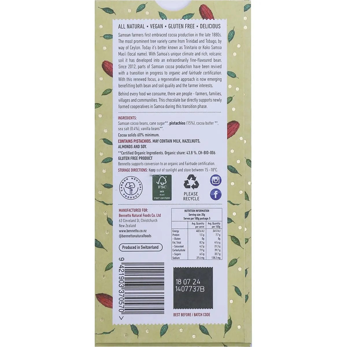 Bennetto Organic Dark Chocolate with Pistachios 100g - Premium Vegan Snack for Gifts, Desserts & Healthy Treats