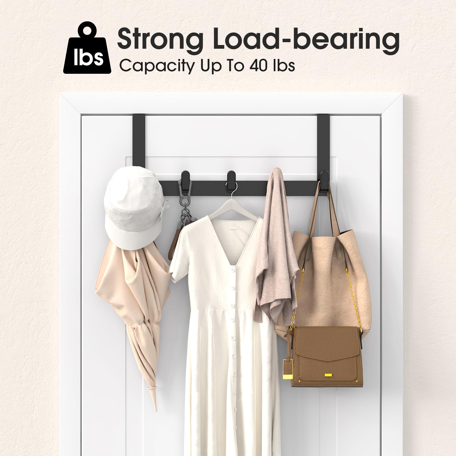 Over The Door Hooks Hanger - 2 Pack with Extended Brackets for Easy Installation - Matte Black Bathroom Towel Rack Organizer - Perfect for Bathroom, Bedroom, and Closet Storage Organization
