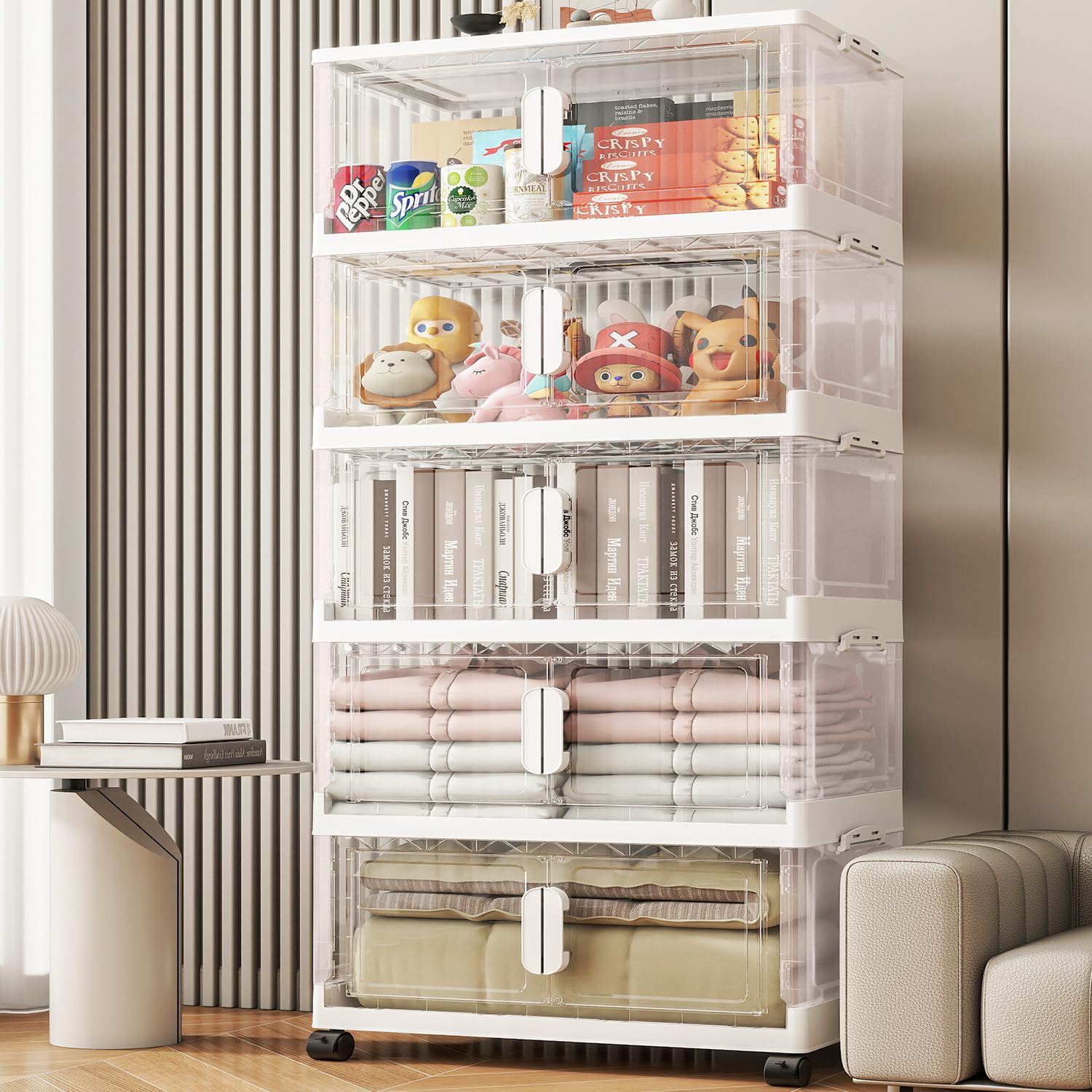 Clear 15 Gallon Collapsible Storage Bins with Lids & Wheels - 5 Pack Plastic Organizing Bins for Closet, Clothes & Home Storage | Stackable, Space-Saving Solution for Bedroom, Garage & Office Organization
