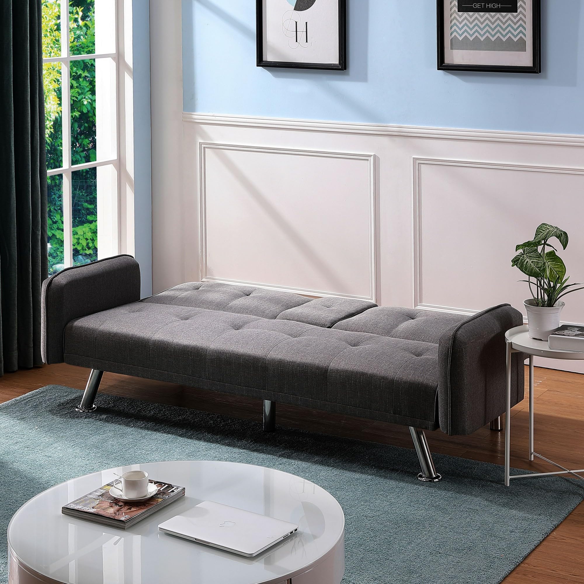 Fangflower Adjustable Backrest Sleeper Sofa Bed with Cup Holders & Metal Legs - Futon Loveseat for Living Room, Apartment, Lounge, Office - Perfect for Small Spaces, Guest Rooms & Movie Nights