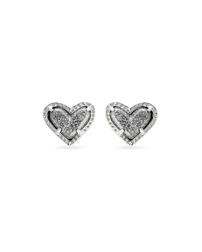 Ari Heart Silver Stud Earrings with Genuine Platinum Drusy Gemstone - Perfect for Valentine's Day Gifts, Anniversary Presents & Everyday Elegant Jewelry