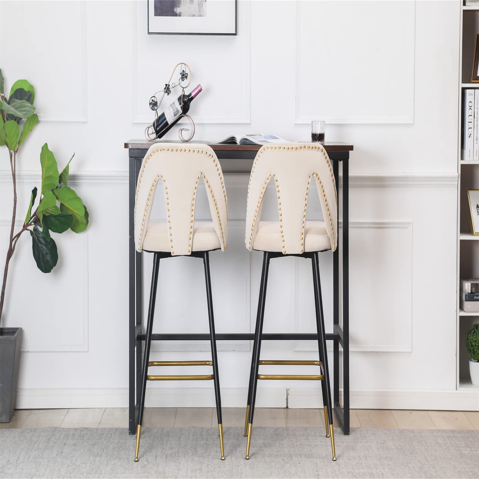 Premium Velvet Bar Stools Set of 2 - Modern Upholstered Counter Height Stools with Footrest, Nailhead Trim & Gold-Tipped Black Metal Legs - Perfect for Kitchen Island, Home Bar & Breakfast Nook (Beige)