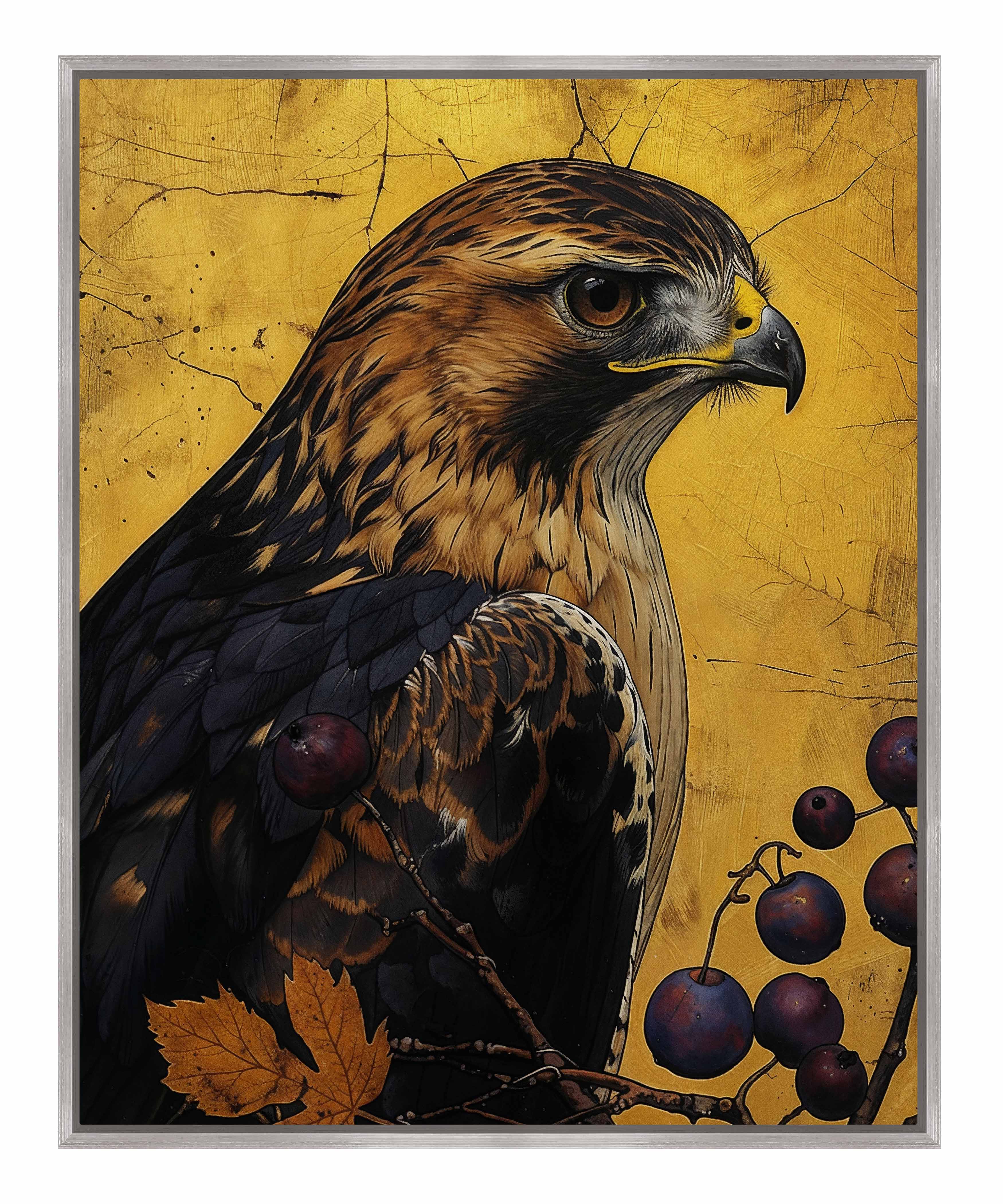Golden Majesty Hawk Among Berries Gallery Wrapped Canvas Wall Art - Nature Inspired Home Decor for Living Room, Bedroom & Office