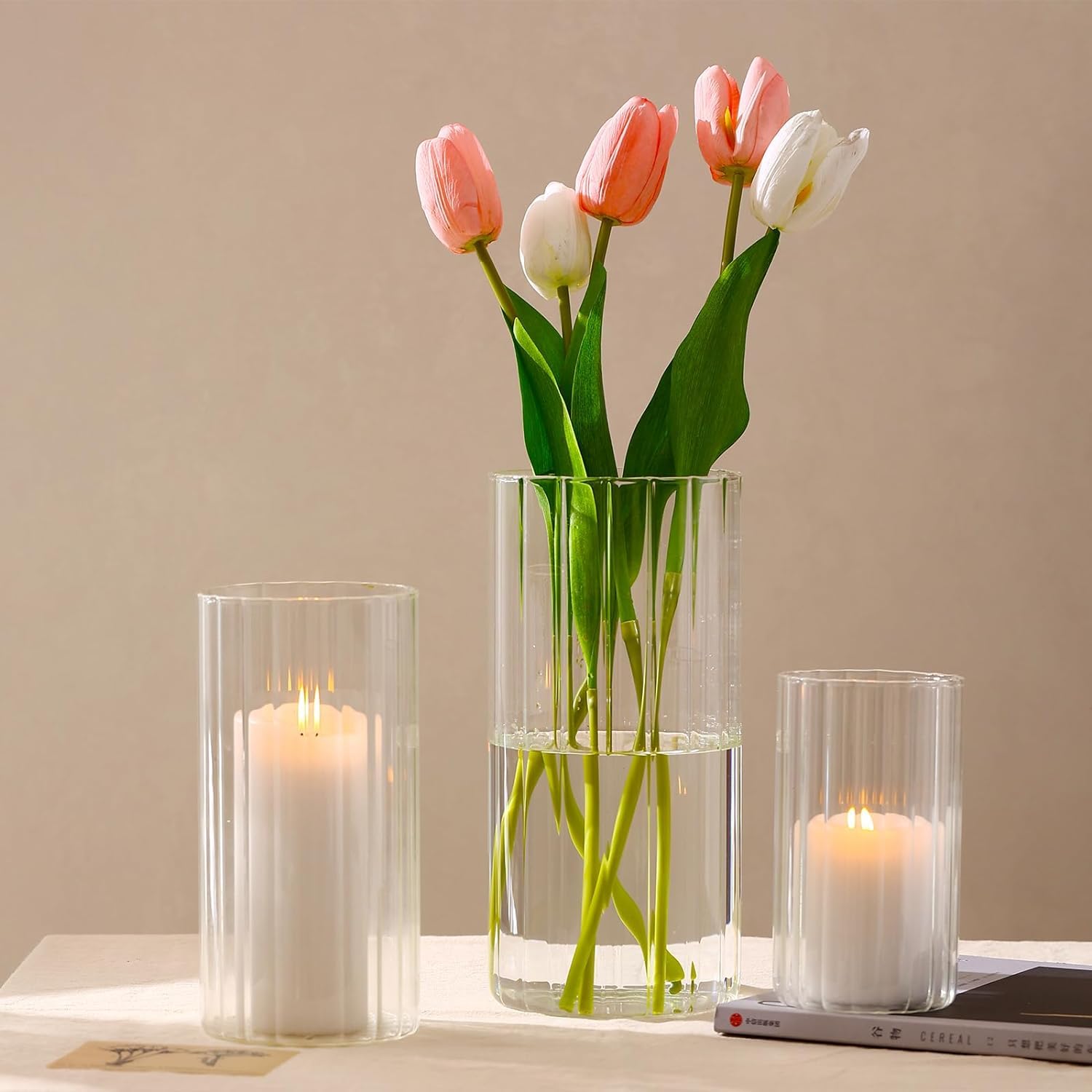 9-Piece Ribbed Glass Hurricane Candle Holders Set - 6'', 8'', 10'' Tall Cylinder Vases for Pillar Candles - Elegant Centerpieces for Weddings, Dining Tables & Home Decor