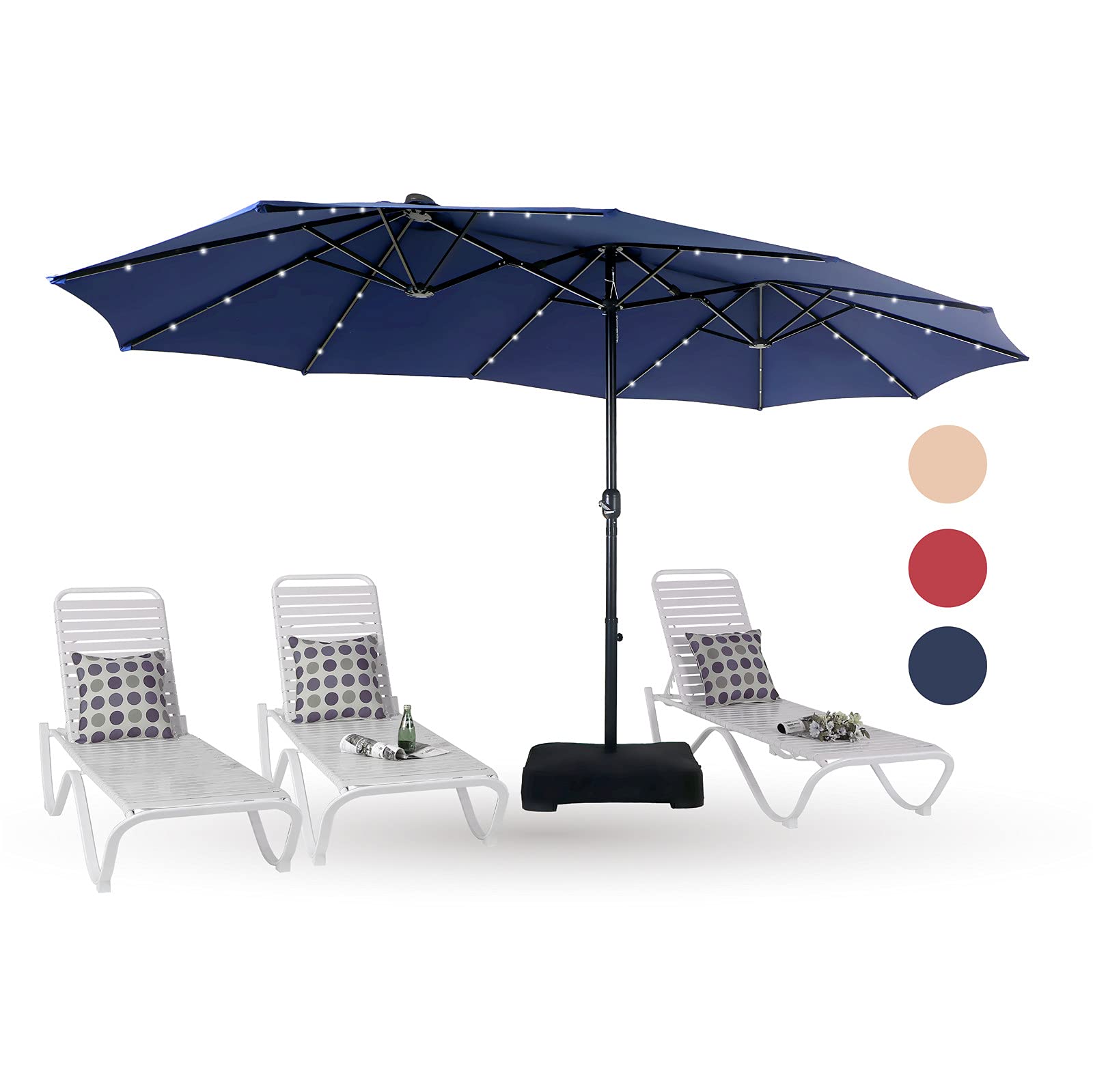 PHI VILLA 15ft Large Outdoor Patio Umbrella with Solar LED Lights - Double-Sided Rectangle Market Umbrella for Deck, Poolside & Backyard - Includes Heavy Duty Base Stand (Navy Blue) - Perfect for Outdoor Dining, Lounging & Entertaining