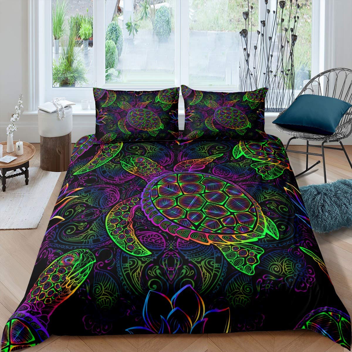 Feelyou Boho Tortoise Comforter Cover Set - Sea Turtle Themed Kids Bedding for Boys & Girls, Mandala Lotus Flower Duvet Cover, Ocean Animal Quilt Set, Twin Size 2-Piece Collection | Perfect for Beach-Themed Bedrooms & Kids' Room Decor