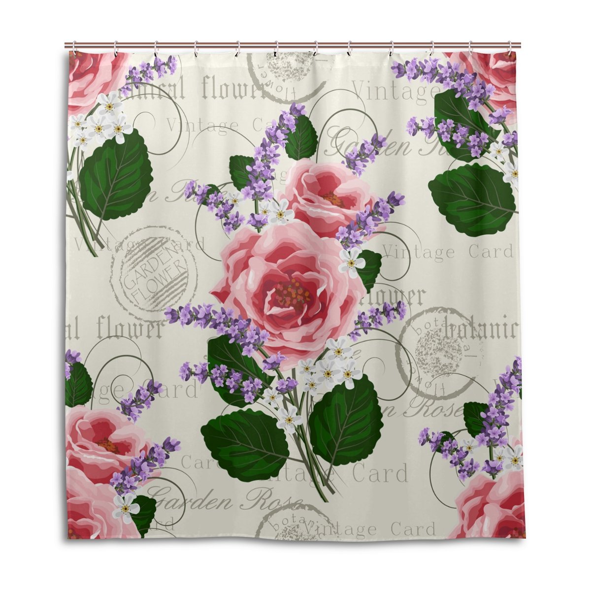 ALAZA Vintage Pink Roses & Lavenders Shower Curtain - 72x72 Inch Waterproof Polyester Bathroom Decor with Hooks - Perfect for Boho, Farmhouse & Vintage Style Bathrooms