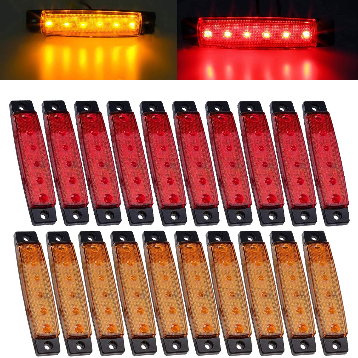 20 Pack 3.8 Inch Amber/Red LED Clearance Lights - Waterproof Side Marker Lights for Truck, Trailer, RV, Van - DOT Approved Turn Signal & Parking Brake Lights - Perfect for Night Driving & Road Safety