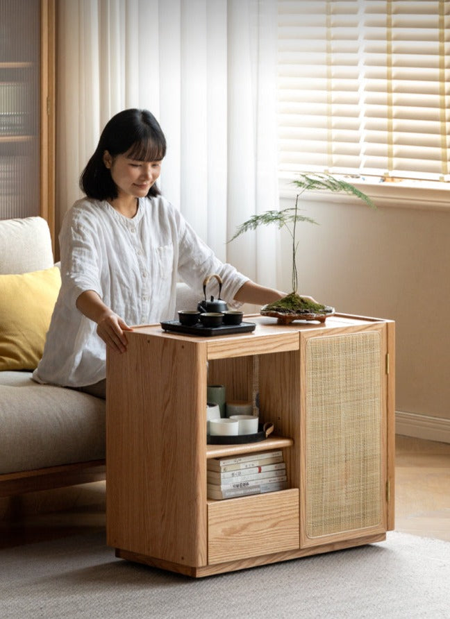 Solid Oak and Ash Wood Tea Maker Mobile Side Cabinet - Portable Side Table for Living Room, Bedroom, or Office