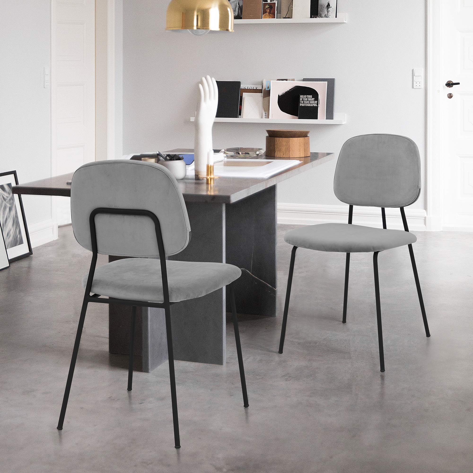 Armen Living Lucy Modern Dining Room Chairs Set of 2 - Grey Velvet Upholstered Side Chairs for Kitchen, Dining Table, Breakfast Nook & Home Decor