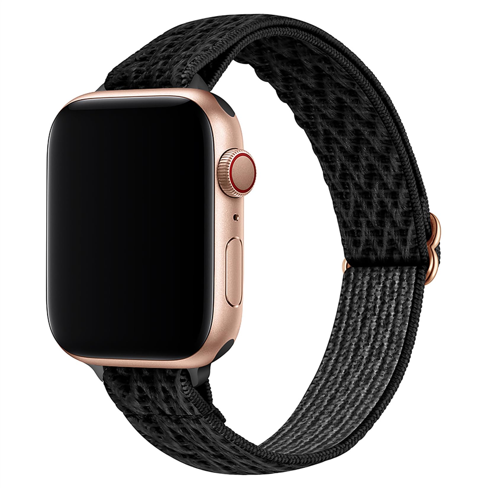 SICCIDEN Slim Stretchy Nylon Watch Band Compatible with Apple Watch Series 10/9/8/7/6/5/4/3/2/1 & Ultra 2/1 - 42mm/44mm/45mm/46mm/49mm - Women's Elastic Thin Strap (Dark Black/Rose Gold) | Perfect for Workouts, Running & Everyday Wear