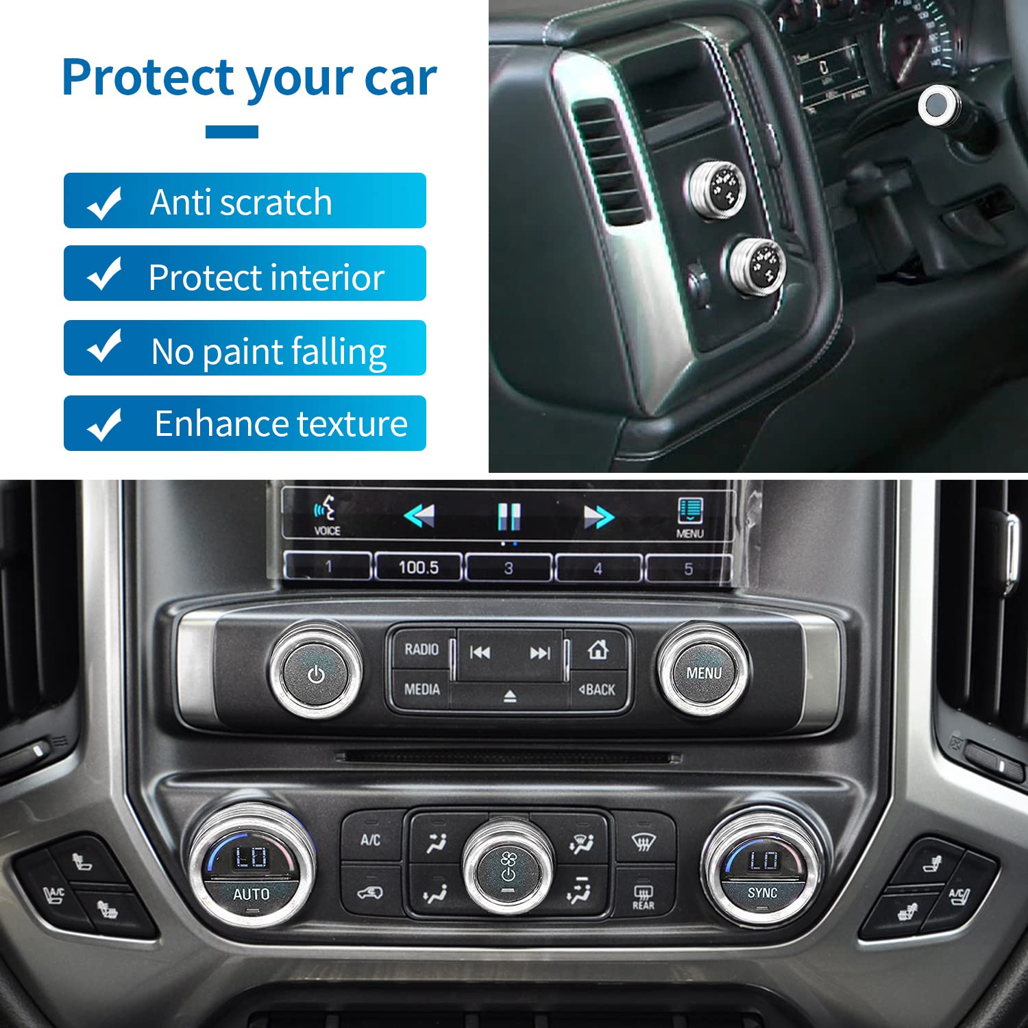 Premium Aluminum Alloy AC Radio Light Switch Knob Covers for Chevy Silverado & GMC Sierra 2014-2018 - Silver Trim Center Console Accessories | Upgrade Interior Decor & Enhance Grip for AC/Radio Controls