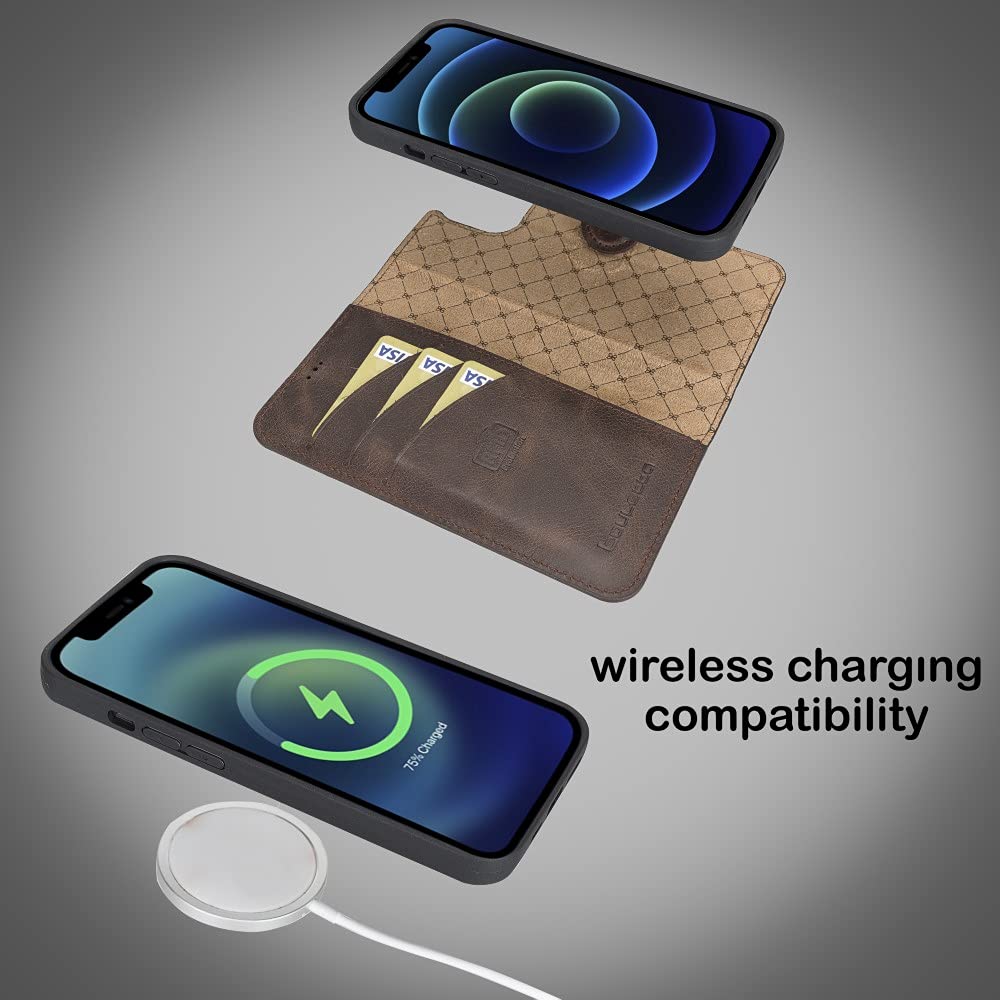 BOULETTA iPhone 13 Mini Wallet Case with Magsafe - Genuine Leather Magnetic Folio Cover, Detachable Card Holder with RFID Protection & Kickstand | Slim 5.4