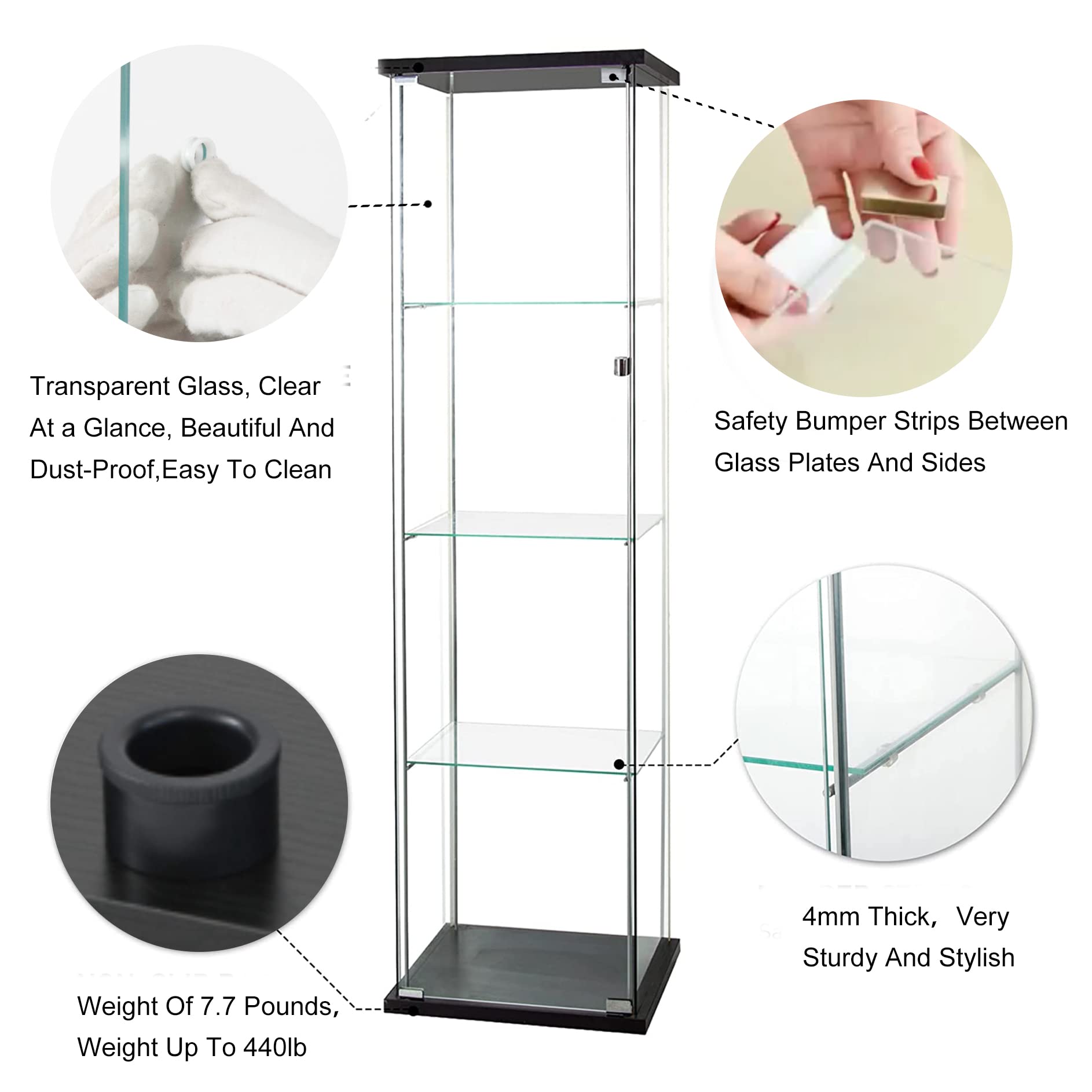 Glass Display Case Cabinet with Glass Doors & Shelves - Wall Curio Cabinet, Corner Bookcase, Glass Bookshelf Storage for Living Room, Bedroom, Office (Black) | Perfect for Showcasing Collectibles, Books & Home Decor