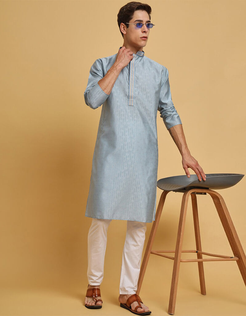 Stylish Cadet Blue Kurta with Wool Cotton Payjama Set - Traditional Indian Outfit for Men - Perfect for Festivals, Weddings & Casual Wear