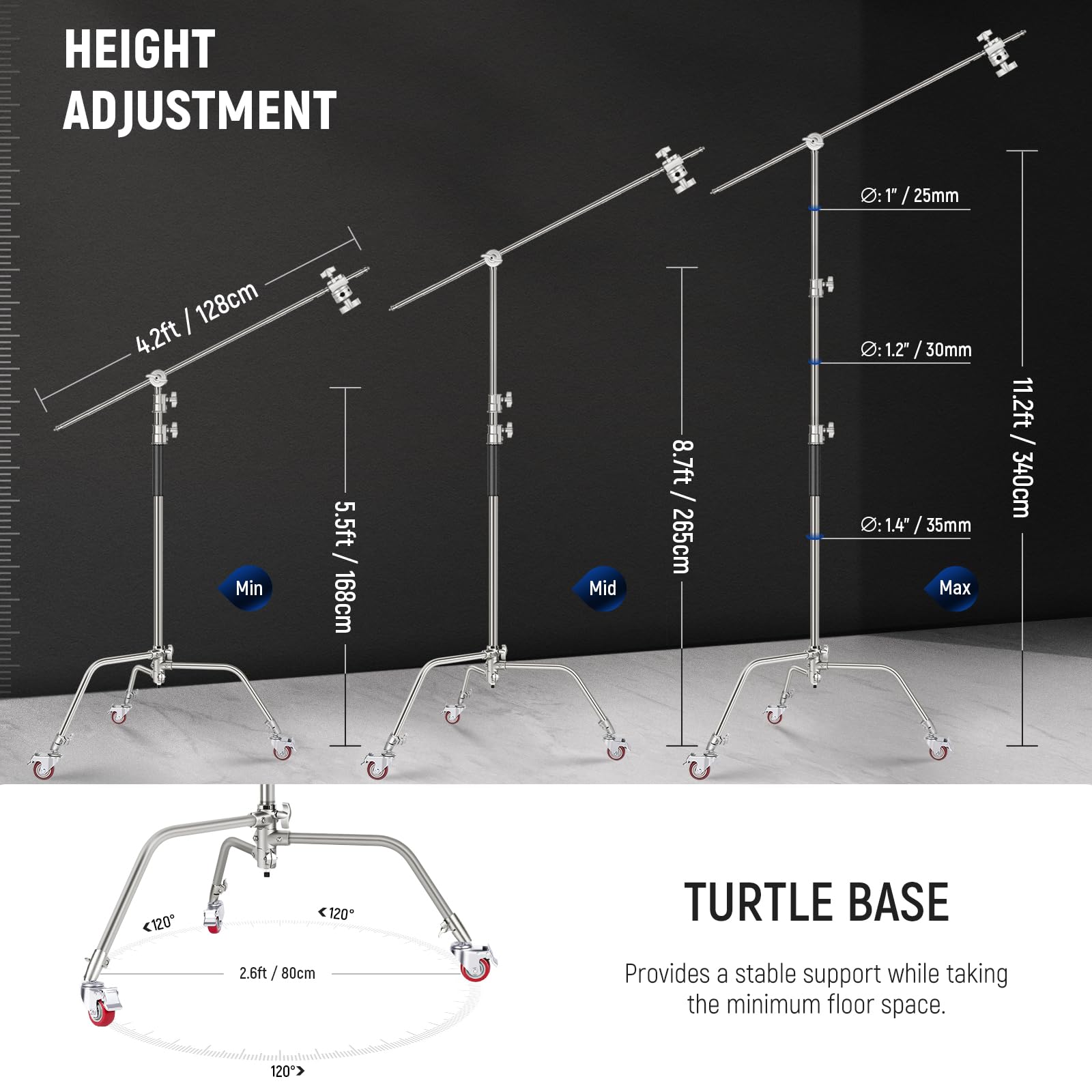 Neewer Heavy Duty 13ft/4m Adjustable Metal Light Stand with Spring Cushion - 1/4