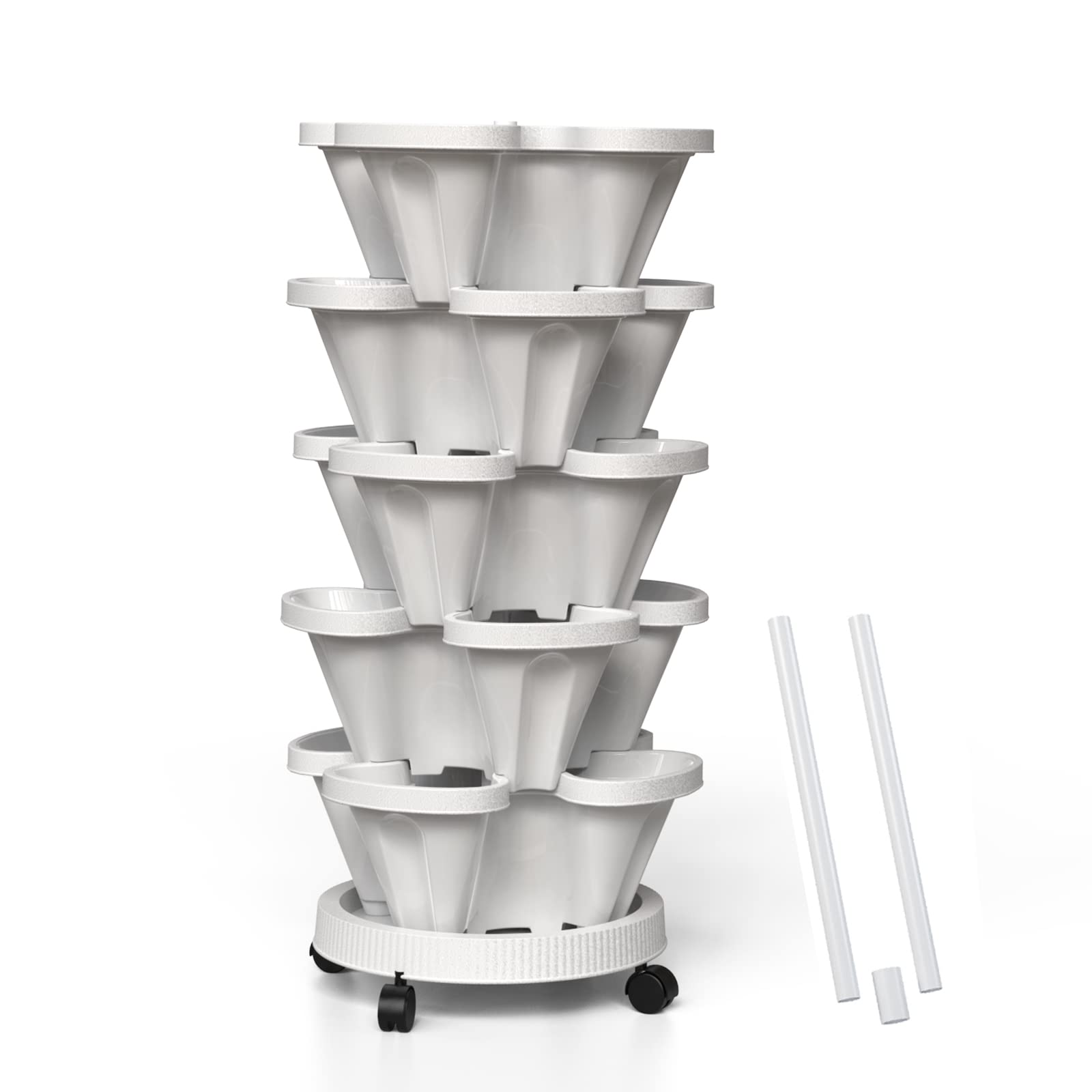 5-Tier Strawberry Vertical Planter with Support Pole - Stackable Herb & Vegetable Garden for Indoor/Outdoor Use - White - Perfect for Balcony, Patio, and Small Space Gardening