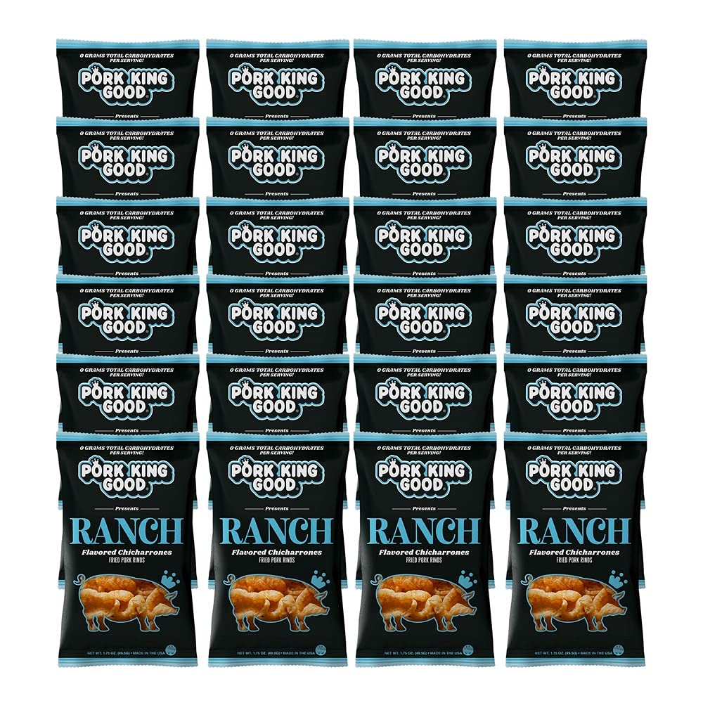 Pork King Good Ranch Pork Rinds (Chicharrones) - 24 Pack Keto-Friendly Snacks | Low Carb, Gluten-Free Crunchy Treat for Ketogenic Diet, Weight Loss & Healthy Lifestyle | Perfect for Parties, Movie Nights & On-the-Go Snacking