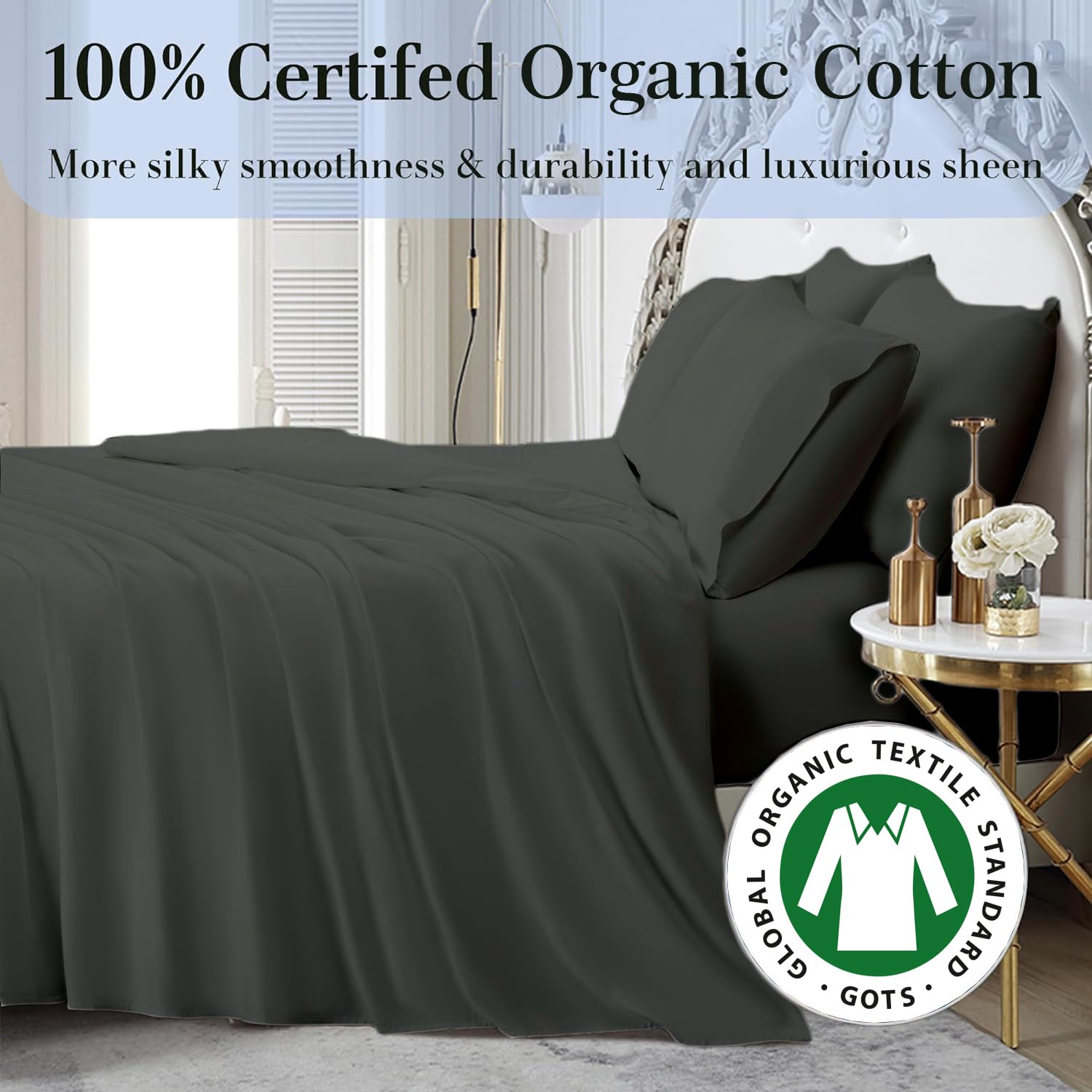 4Pc Emperor Size Sheet Set - 100% Organic Cotton, 800 Thread Count, Soft & Breathable Luxury Sheets with 8-12