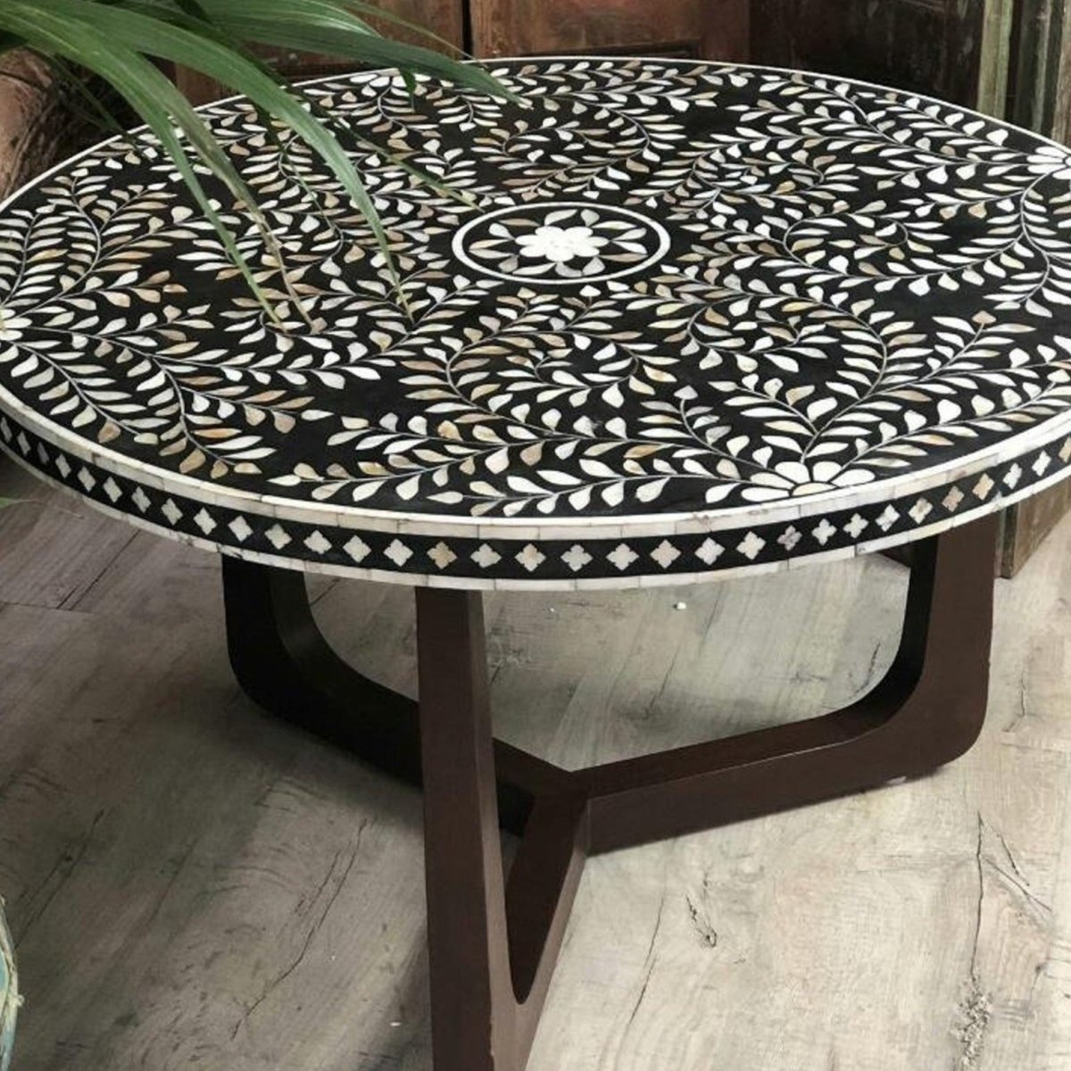 Handmade Bone Inlay Floral Design Round Coffee Table - Black Center Table for Living Room | Boho Home Decor, Modern Furniture for Lounge & Office