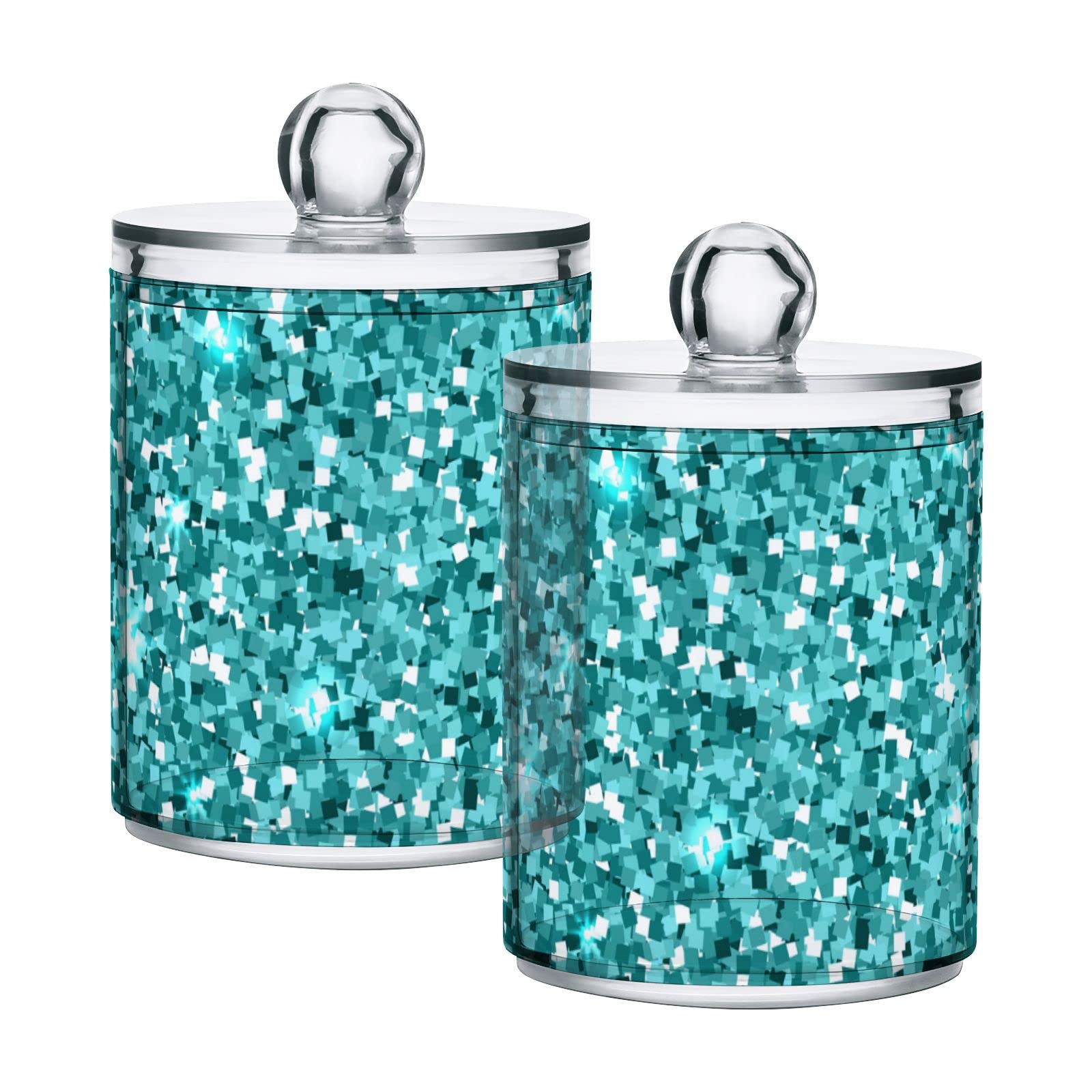 Blue Turquoise Glitter Seamless Print Plastic Storage Jars with Lids - Set of 4 (10 oz) | Translucent Food Containers for Cotton Swabs, Tea, Cookies & Canning | Perfect for Kitchen, Bathroom & Craft Organization