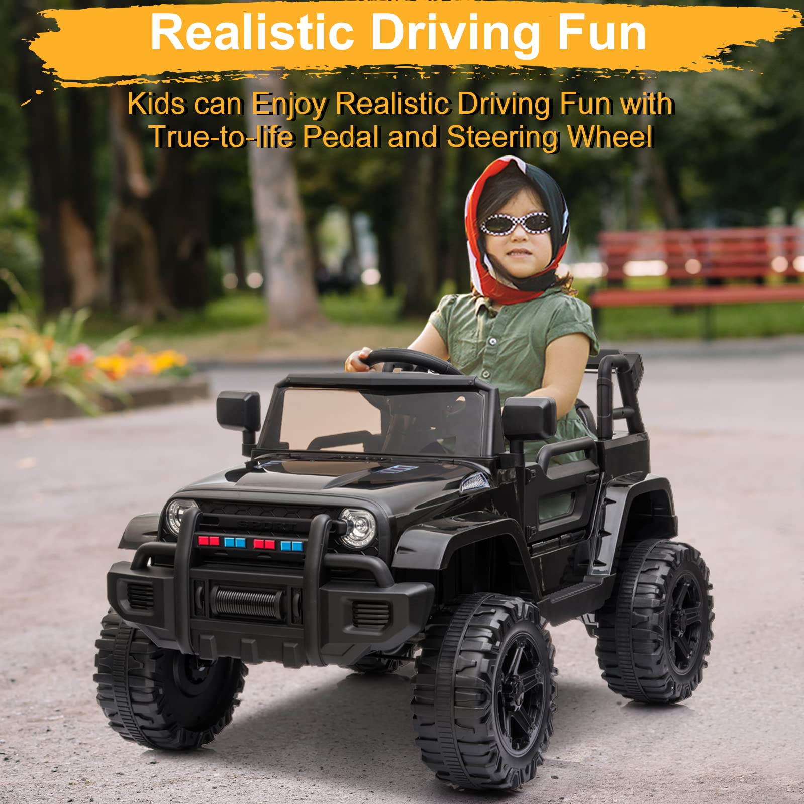 **12V Kids Electric Ride-On Truck with 2.4G Remote Control - 3 Speeds, Spring Suspension, LED Lights, Horn & Music Player - Motorized Toy Car for Ages 3-5 - Perfect for Indoor & Outdoor Play (Black)**