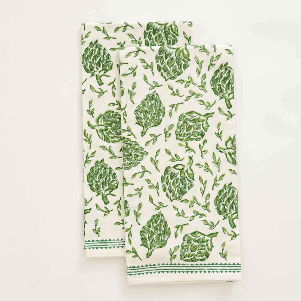 Organic Dancing Artichokes Green Tea Towels - Soft Absorbent Kitchen & Bath Towels for Home, Spa, Gifts - Eco-Friendly Cotton Dishcloths for Cooking, Cleaning, Decor