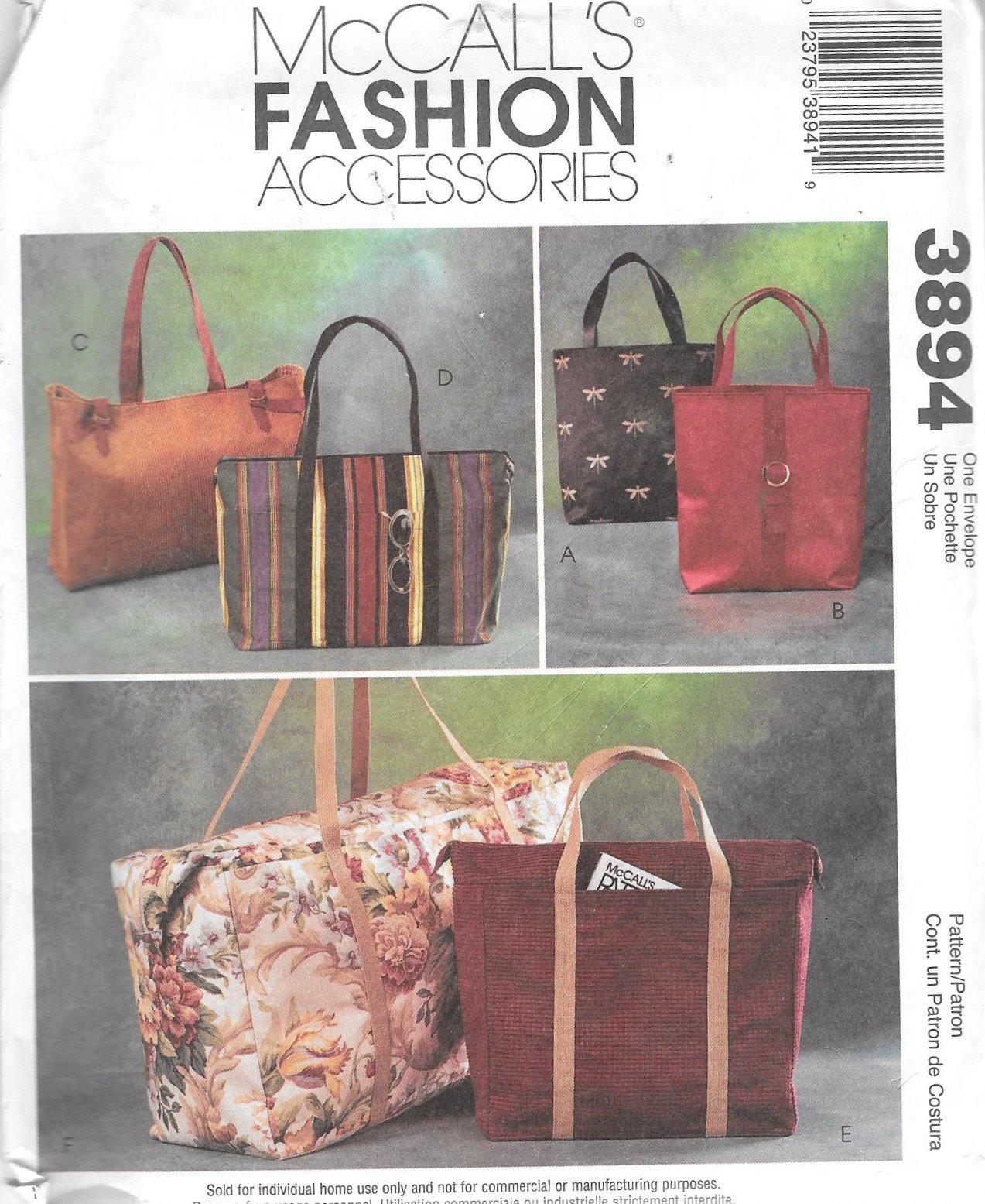 McCall's Fashion Accessories Pattern 3894 - DIY Lined Tote Bag Sewing Kit for Women | Perfect for Beach, Shopping & Everyday Use