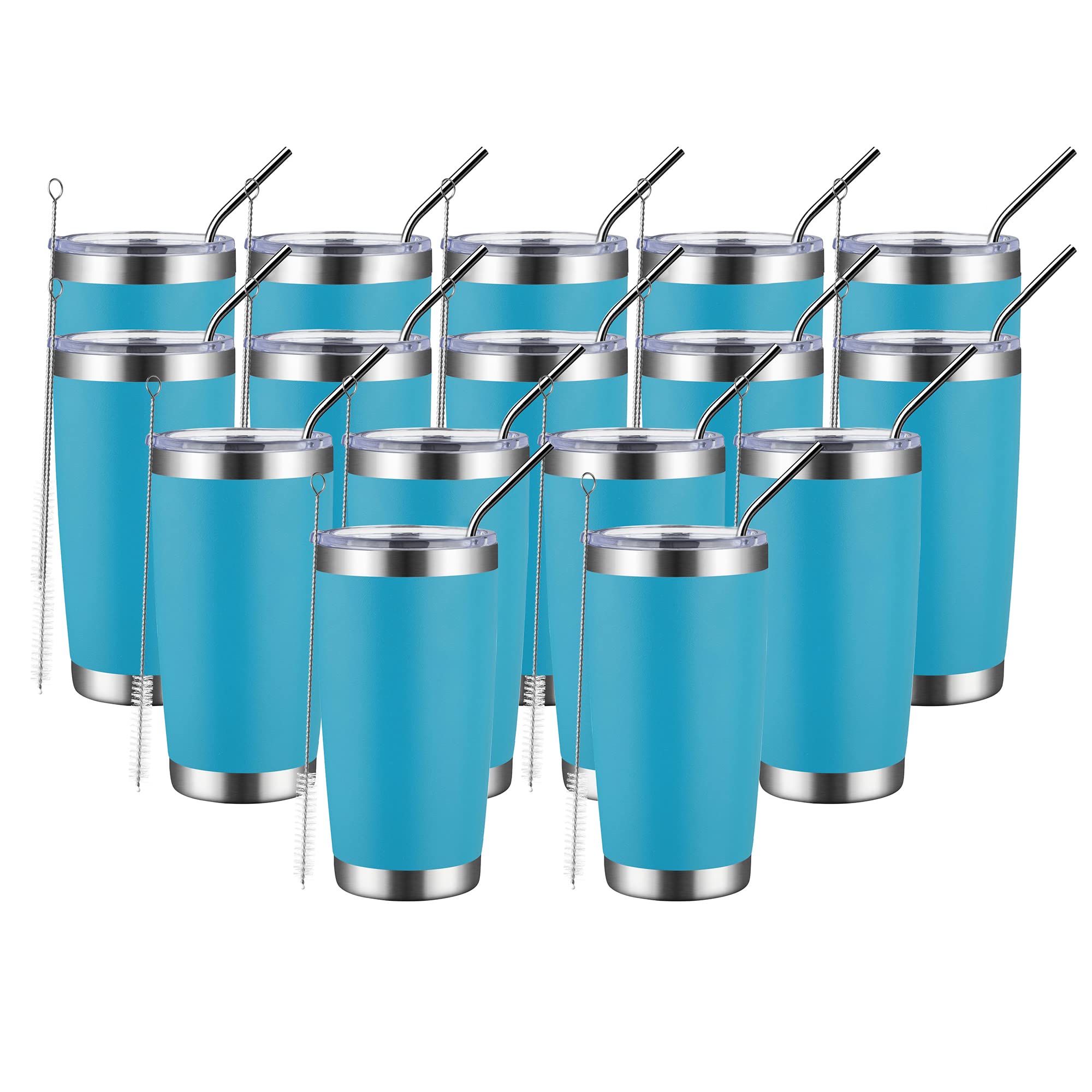 MUCHENGHY 20oz Stainless Steel Tumbler with Lid & Straw - 16 Pack Bulk Insulated Travel Coffee Mug, Double Wall Vacuum Thermal Cup for Hot & Cold Drinks (Lake Blue) - Perfect for Office, Gym, Camping & Outdoor Activities