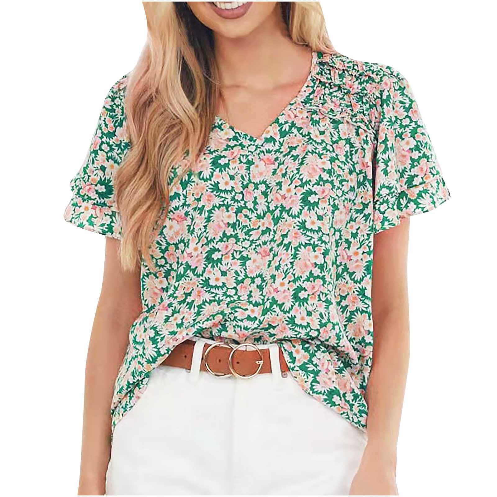Women's Floral Printed Short Sleeve T-Shirts - Summer Loose Casual V-Neck Blouses - Lightweight Flowy Tee Tops for Beach, Vacation & Everyday Wear