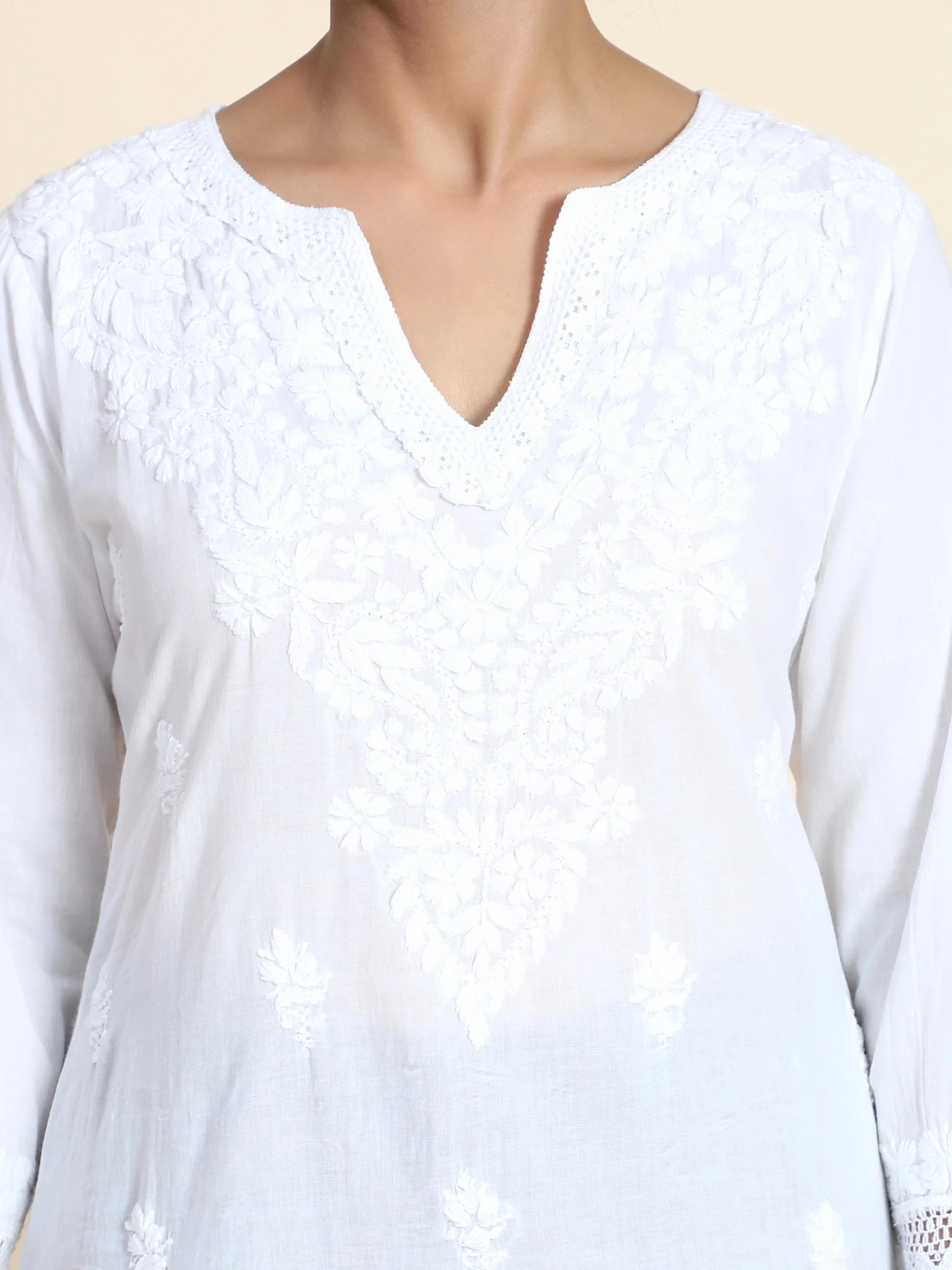 Sharmin HOK Chikankari Long Kurti for Women - White Traditional Indian Embroidered Tunic Top - Perfect for Festivals, Weddings & Ethnic Occasions